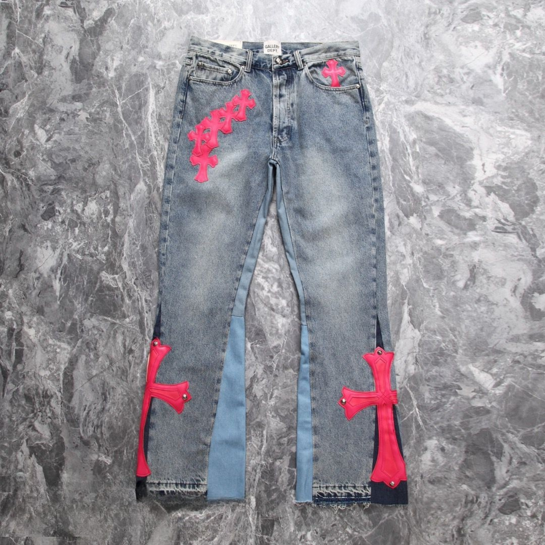 Chrome Hearts x Gallery Dept. Big Pink Cross Leather Patchwork Jeans