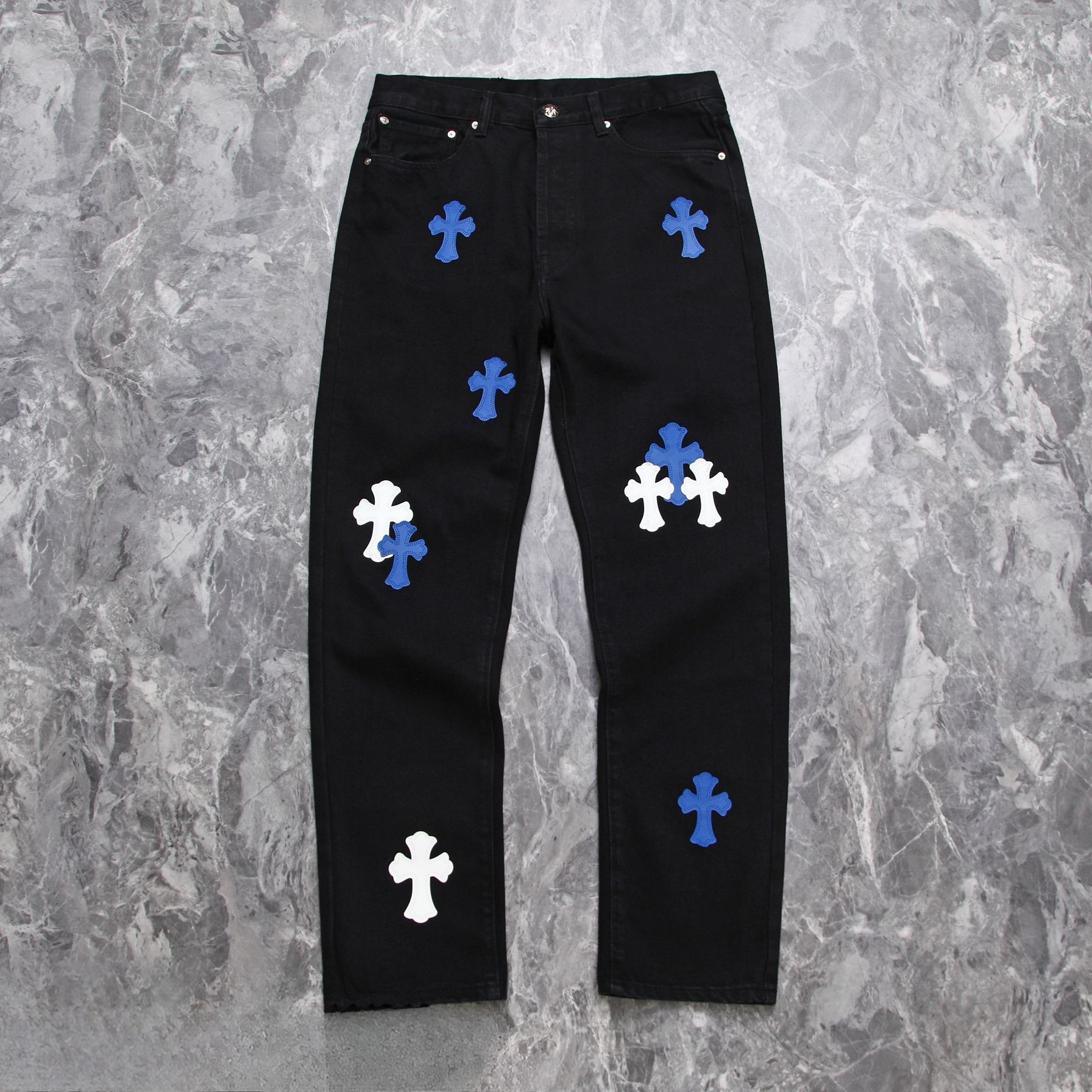 Chrome Hearts Los Angels Limted Edition Blue White Cross Leather Patchwork Black Jeans