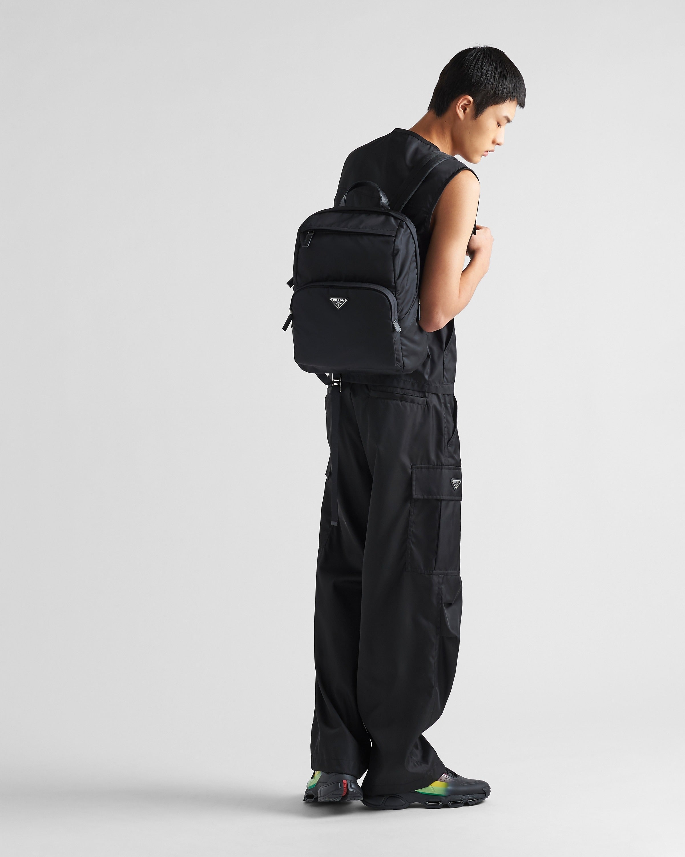 Re-Nylon and Saffiano leather backpack Black