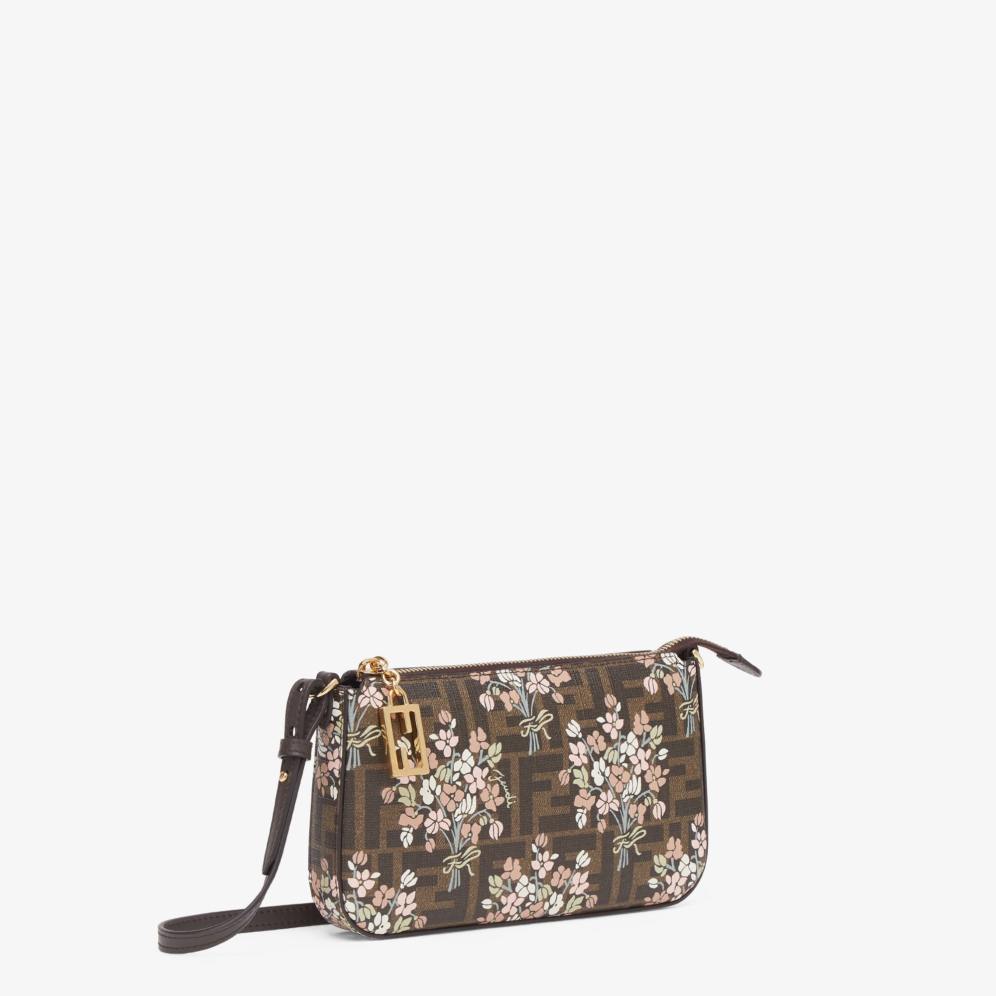Baguette Pouch Fendi Flower Bouquet brown FF fabric pouch with chain
