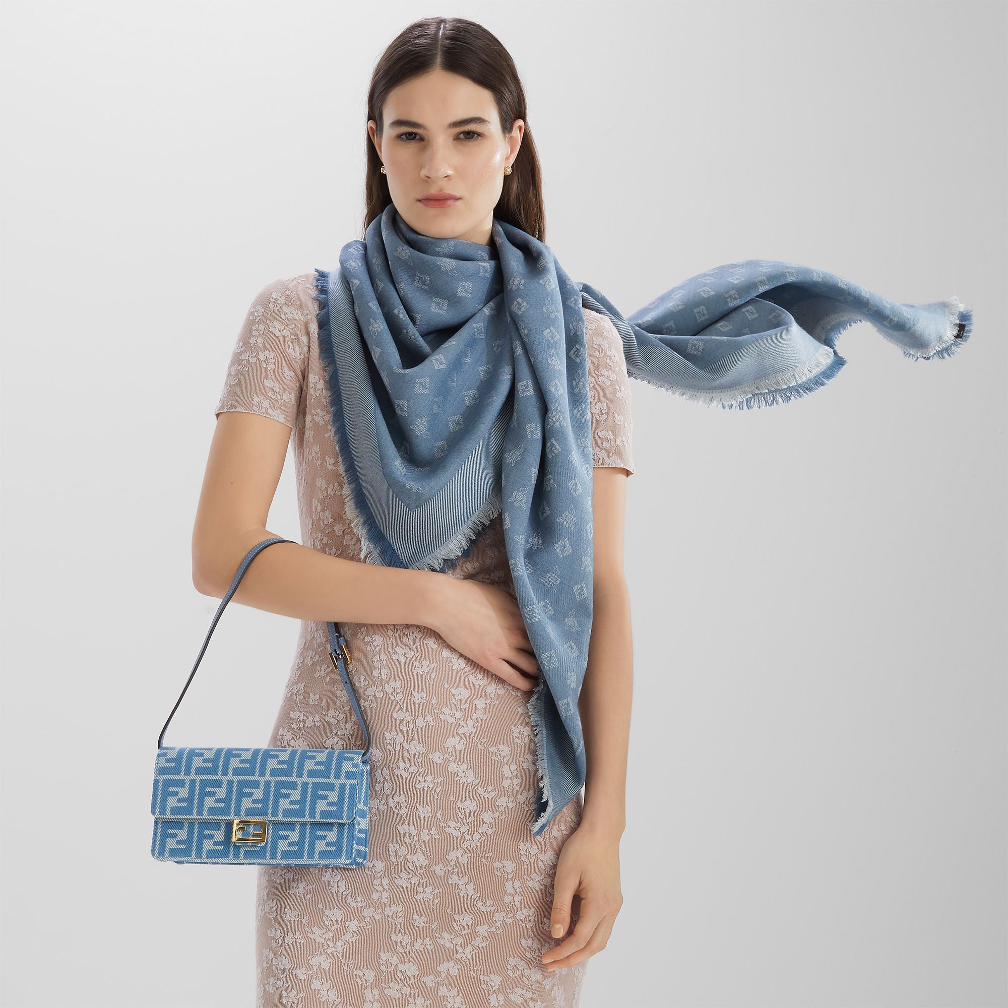 Wallet On Chain Baguette Blue denim-effect FF jacquard wallet
