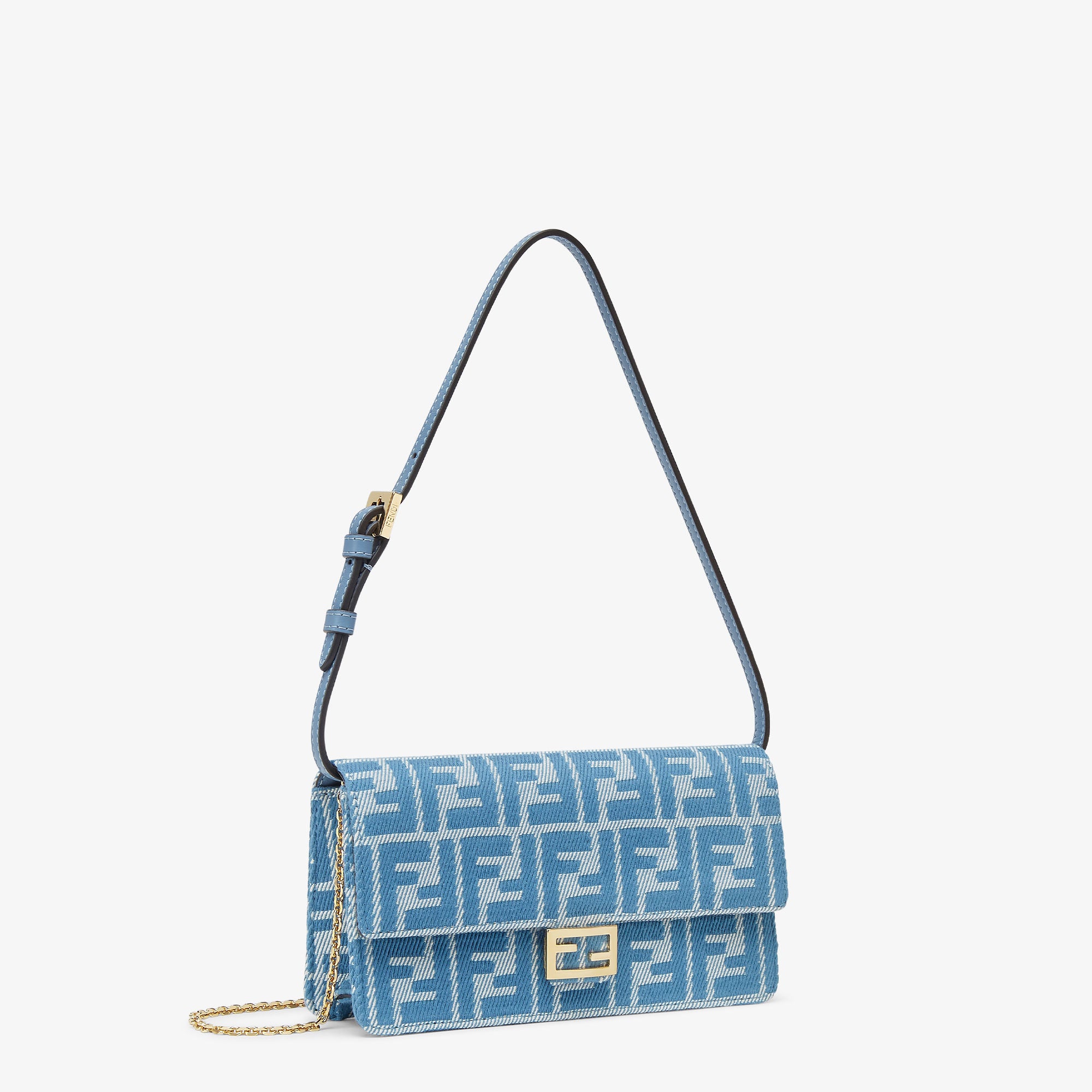 Wallet On Chain Baguette Blue denim-effect FF jacquard wallet