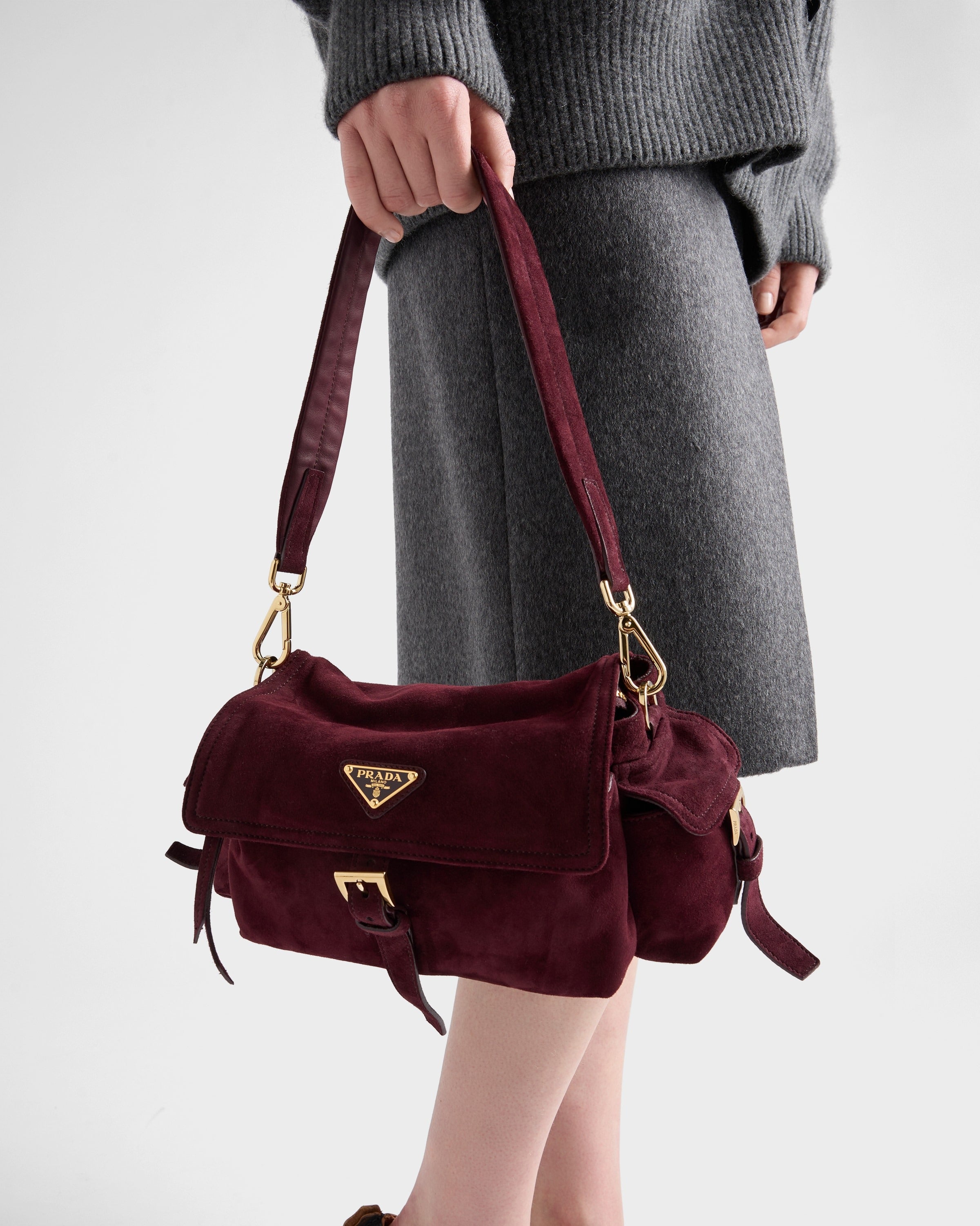 Prada Explore medium suede shoulder bag with flap Burgundy