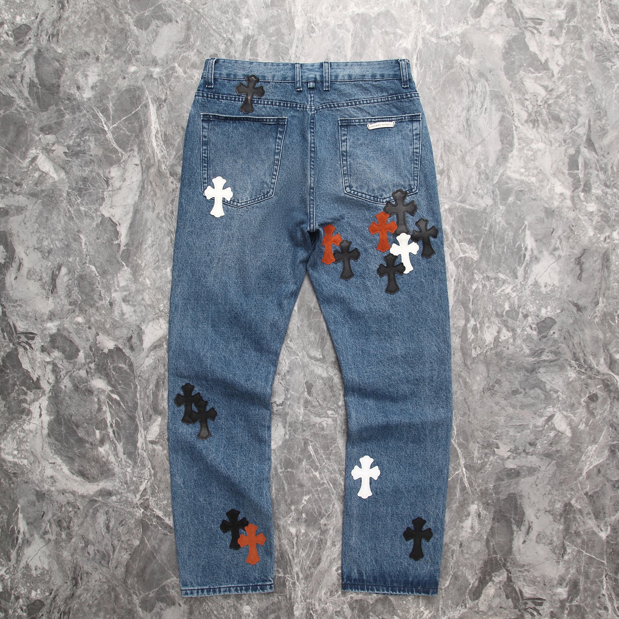 Chrome Hearts Cross Leather Patchwork Jeans