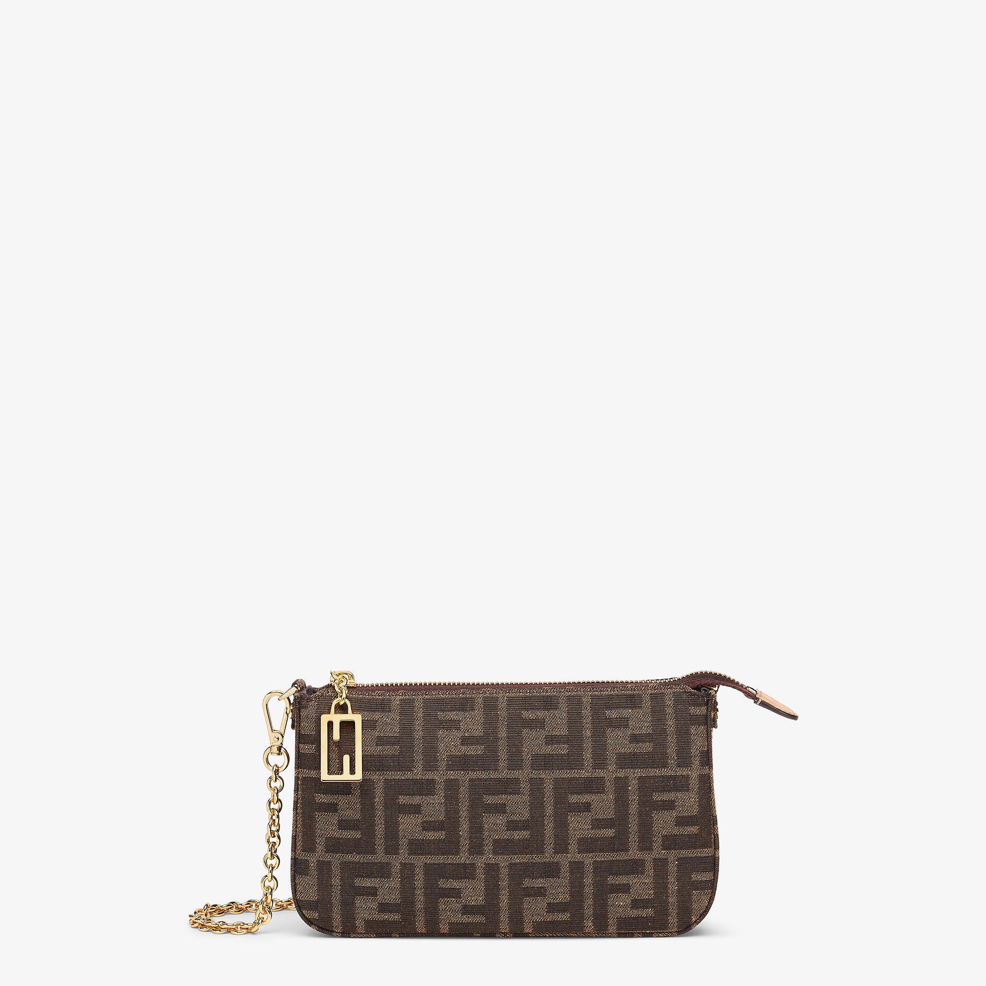 Baguette Pouch Brown jacquard FF fabric clutch with chain