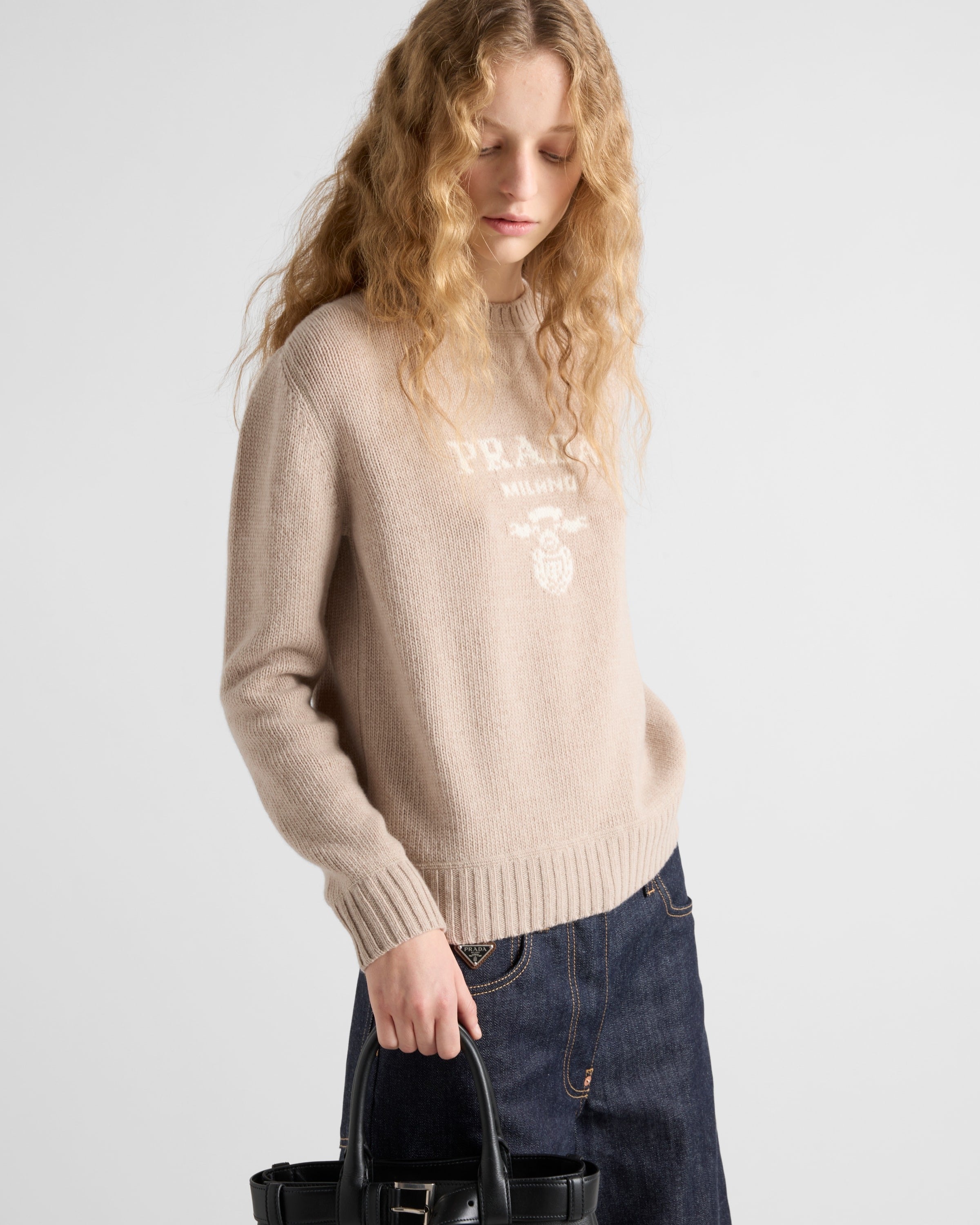 Cashmere and wool Prada logo crew-neck sweater Desert Beige