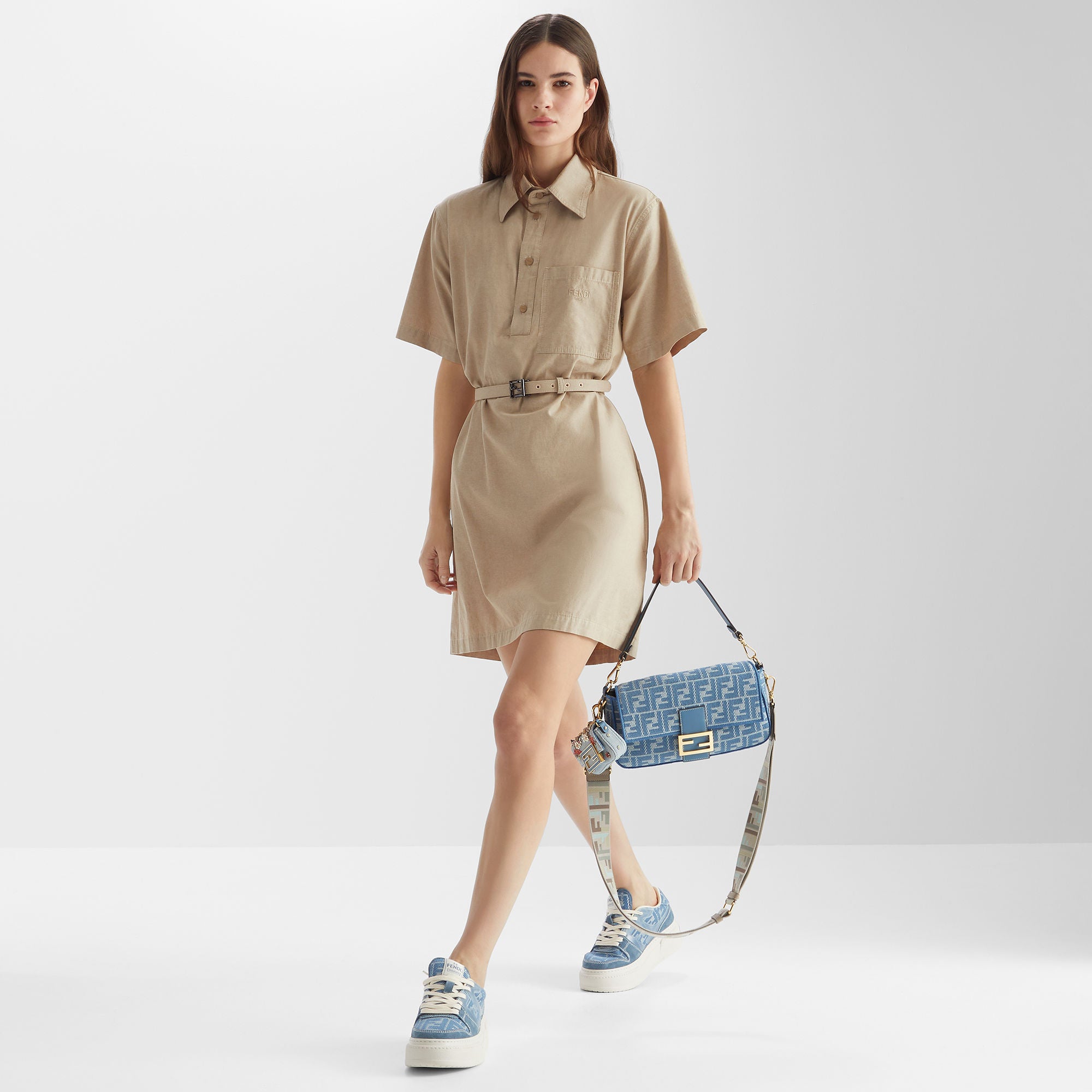 Baguette Blue denim-effect FF jacquard bag