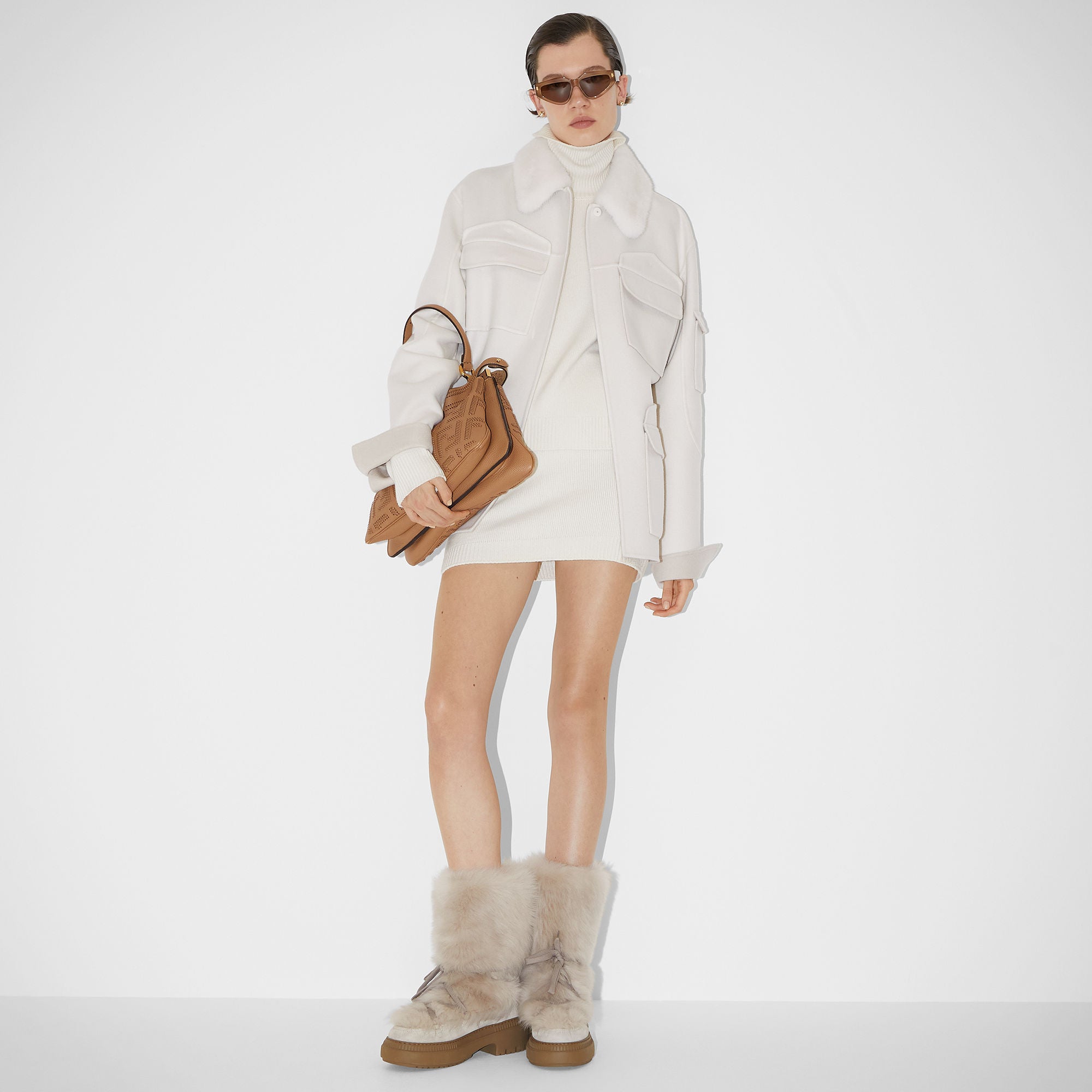 Peekaboo Soft Medium Cappuccino-colored leather bag with FF interlacing