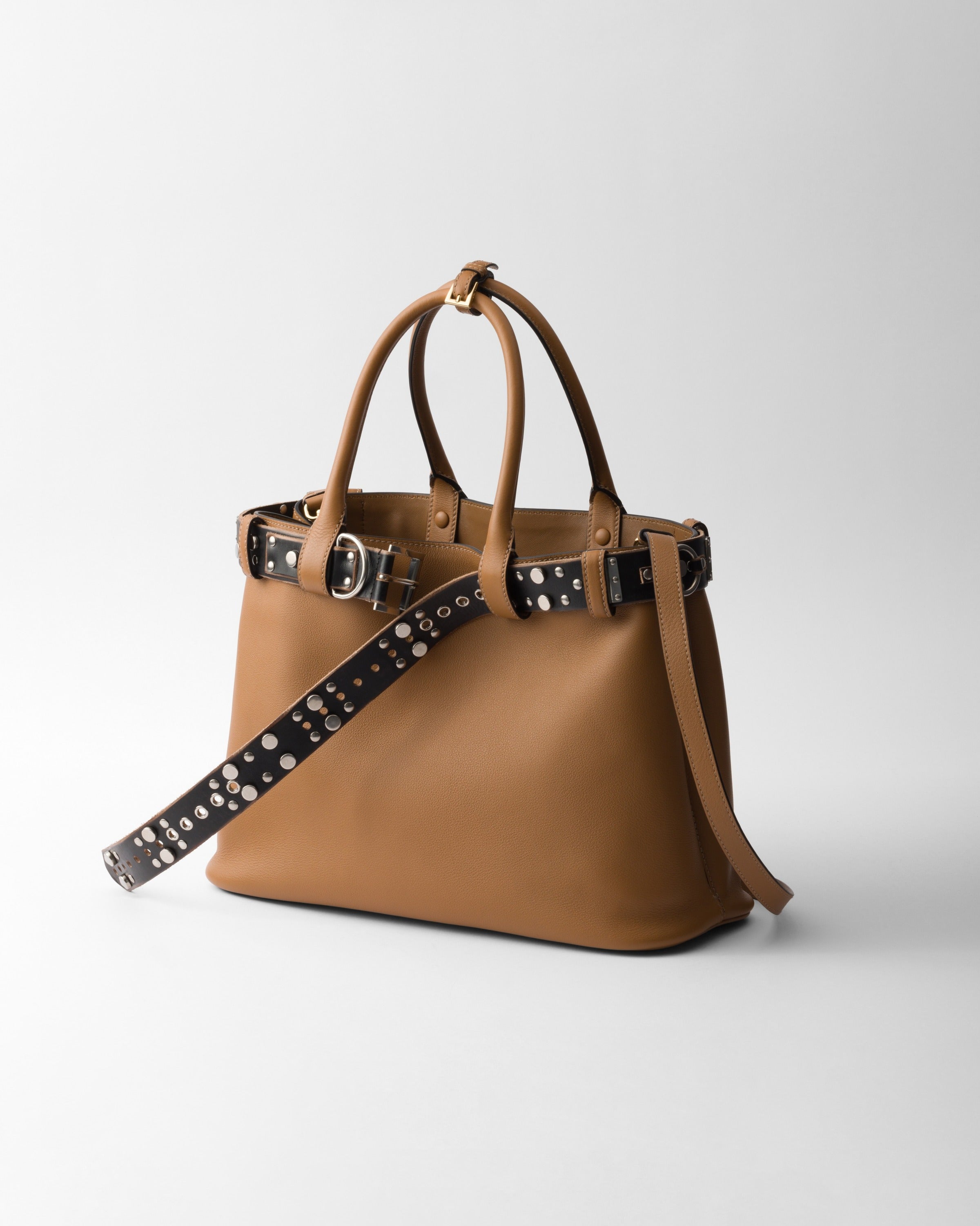 Large Prada Buckle leather bag with studded belt Caramel/Black