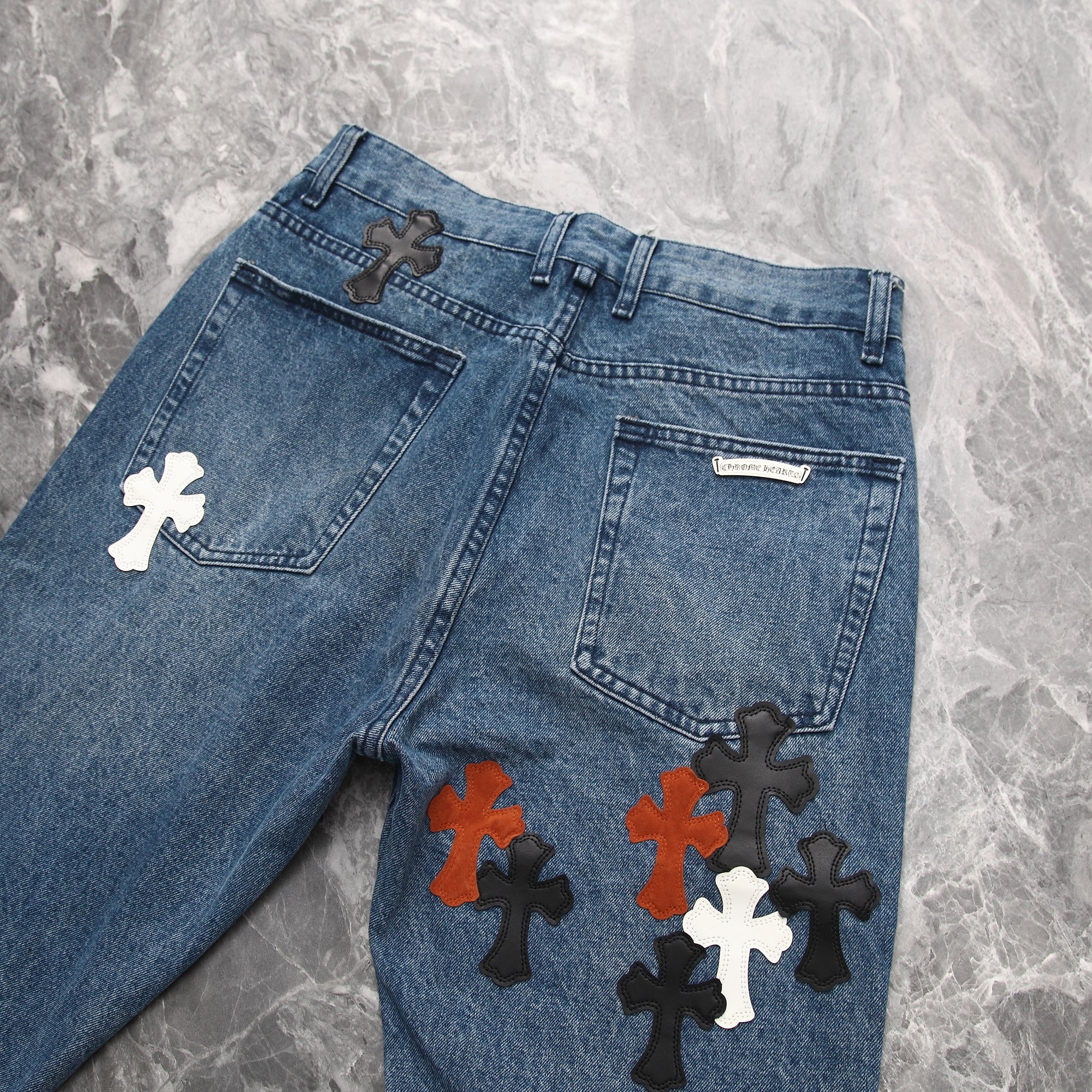 Chrome Hearts Cross Leather Patchwork Jeans