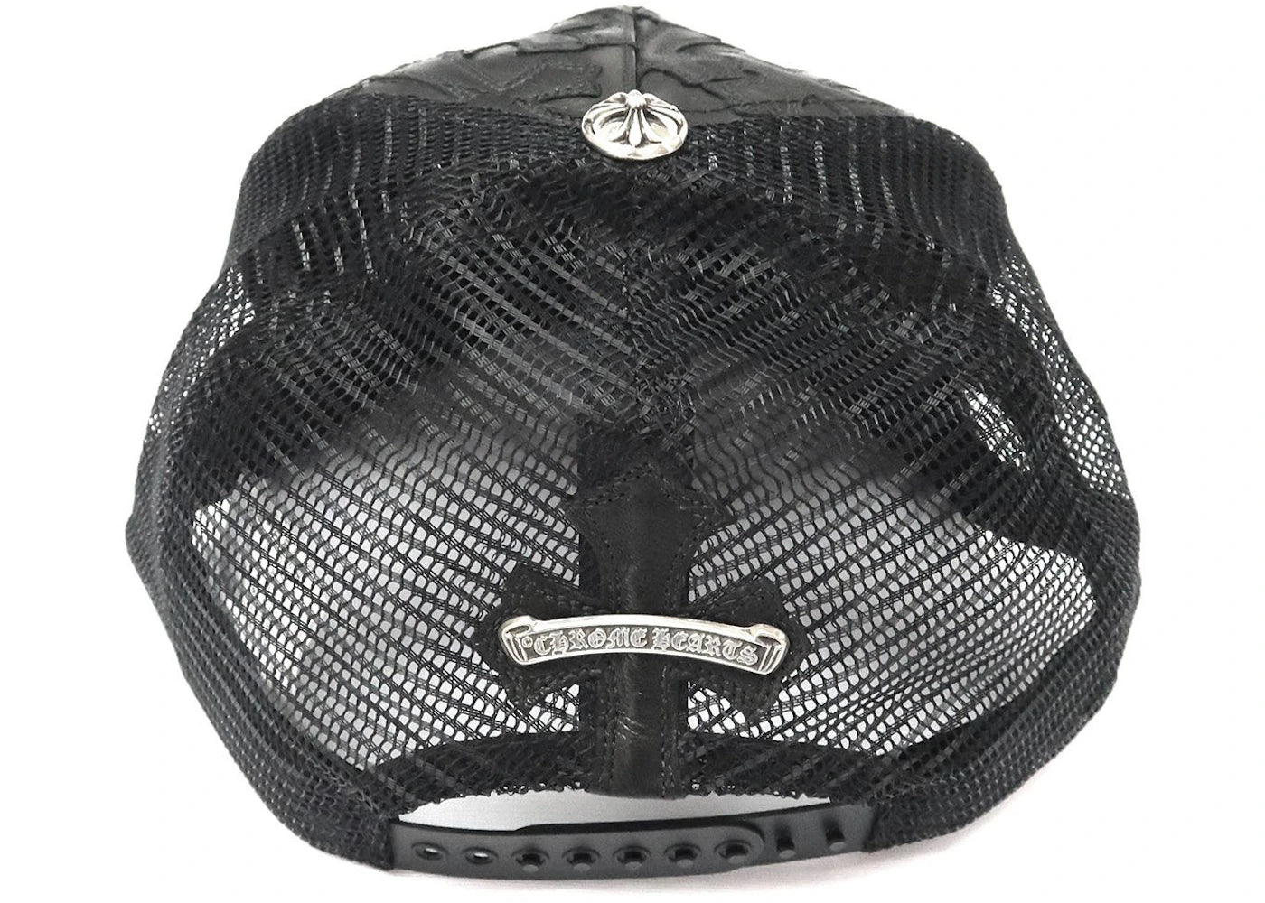 Chrome Hearts Cemetary Cross Leather Stitched Trucker Hat Black