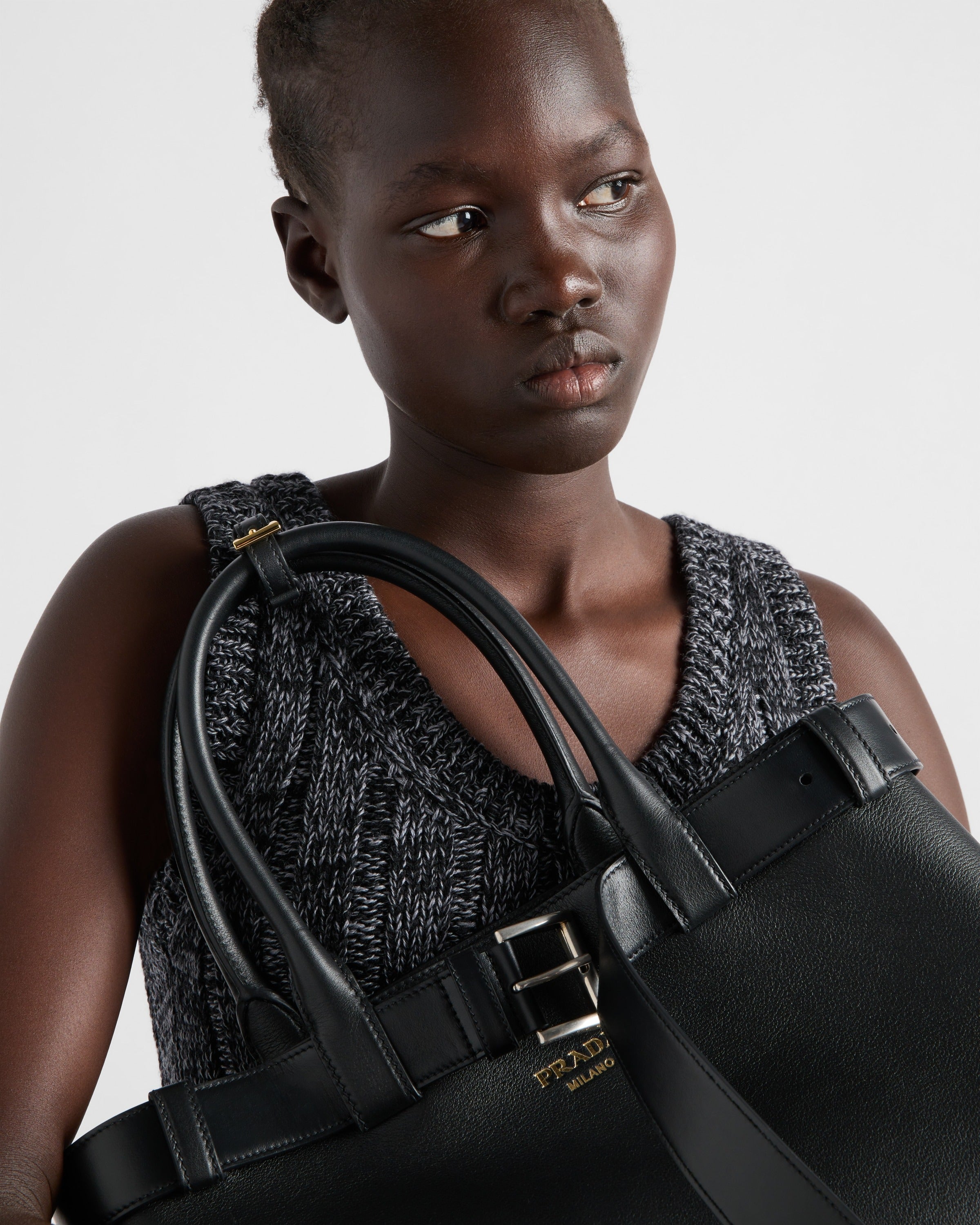 Prada Buckle large leather handbag with belt Black