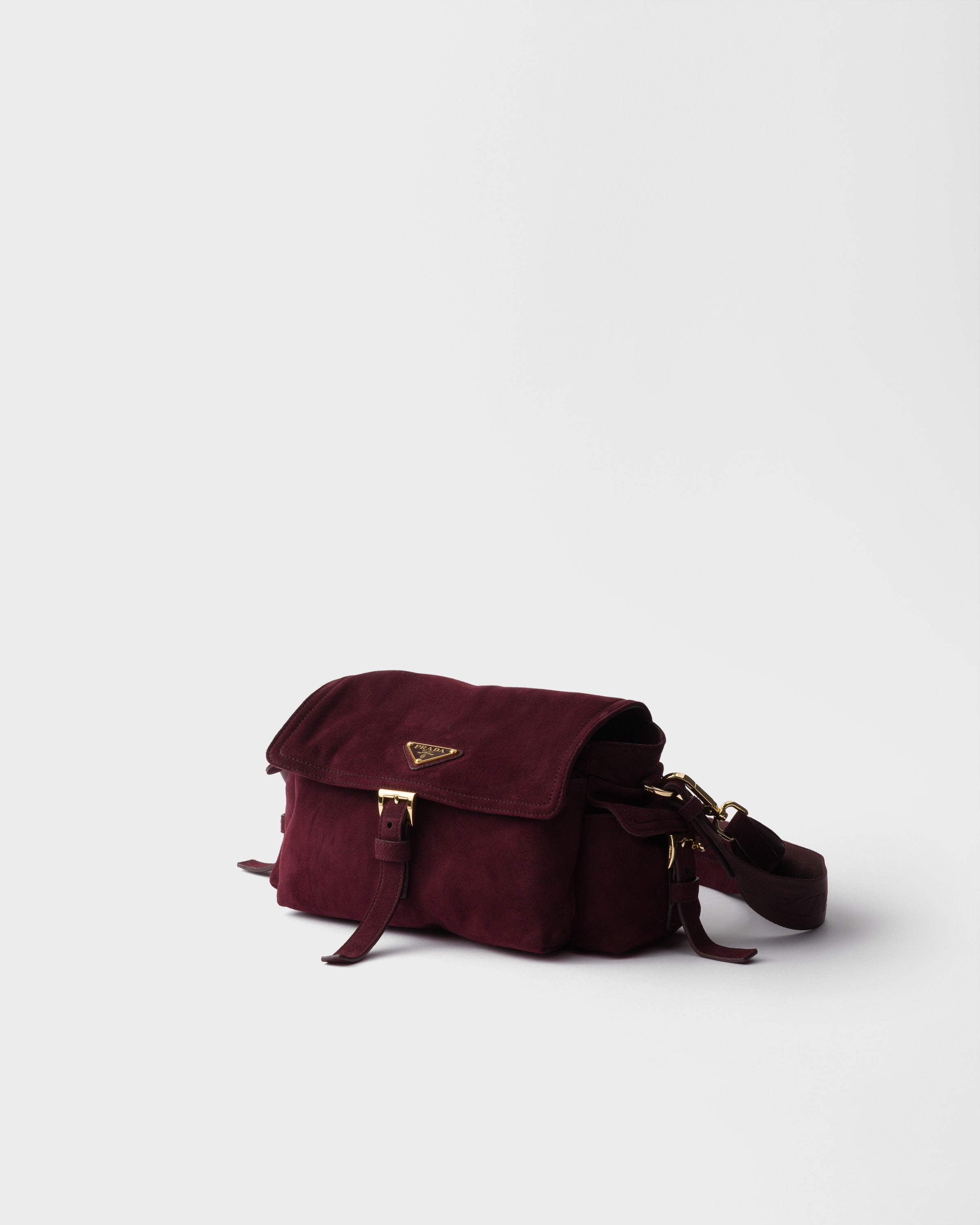 Prada Explore medium suede shoulder bag with flap Burgundy