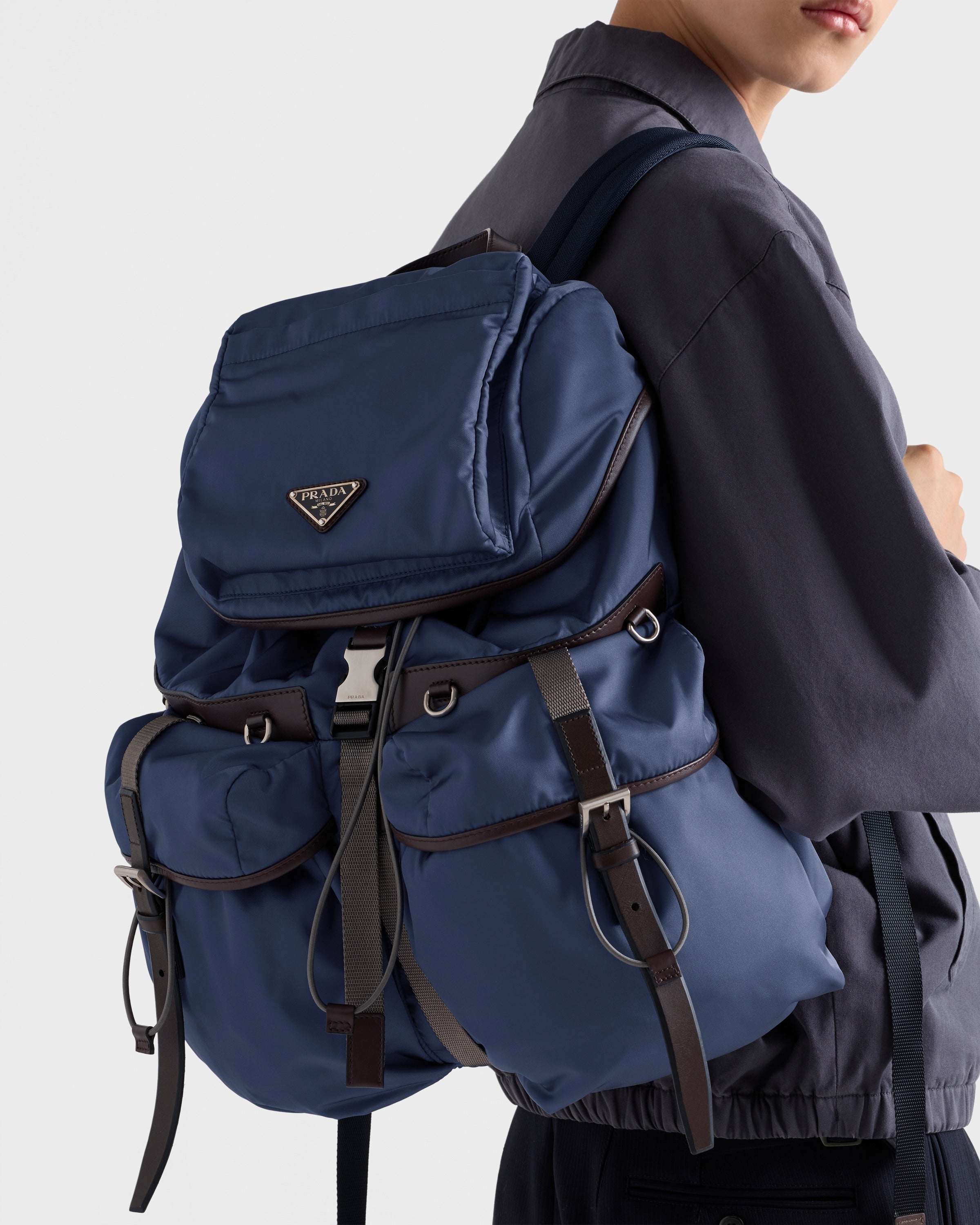 Re-Nylon and leather backpack Aviation Blue