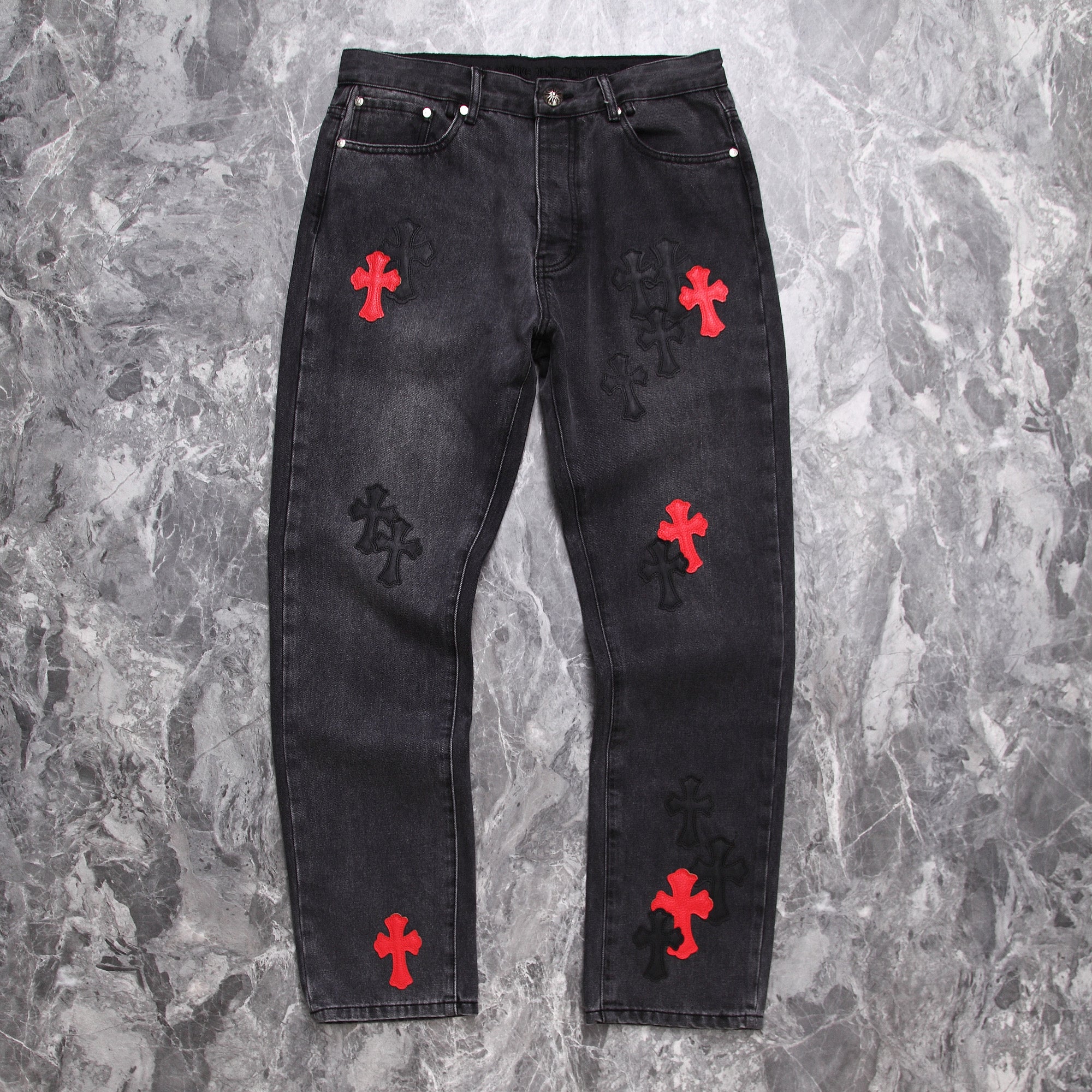 Chrome Hearts Red Black Cross Leather Patchwork Jeans