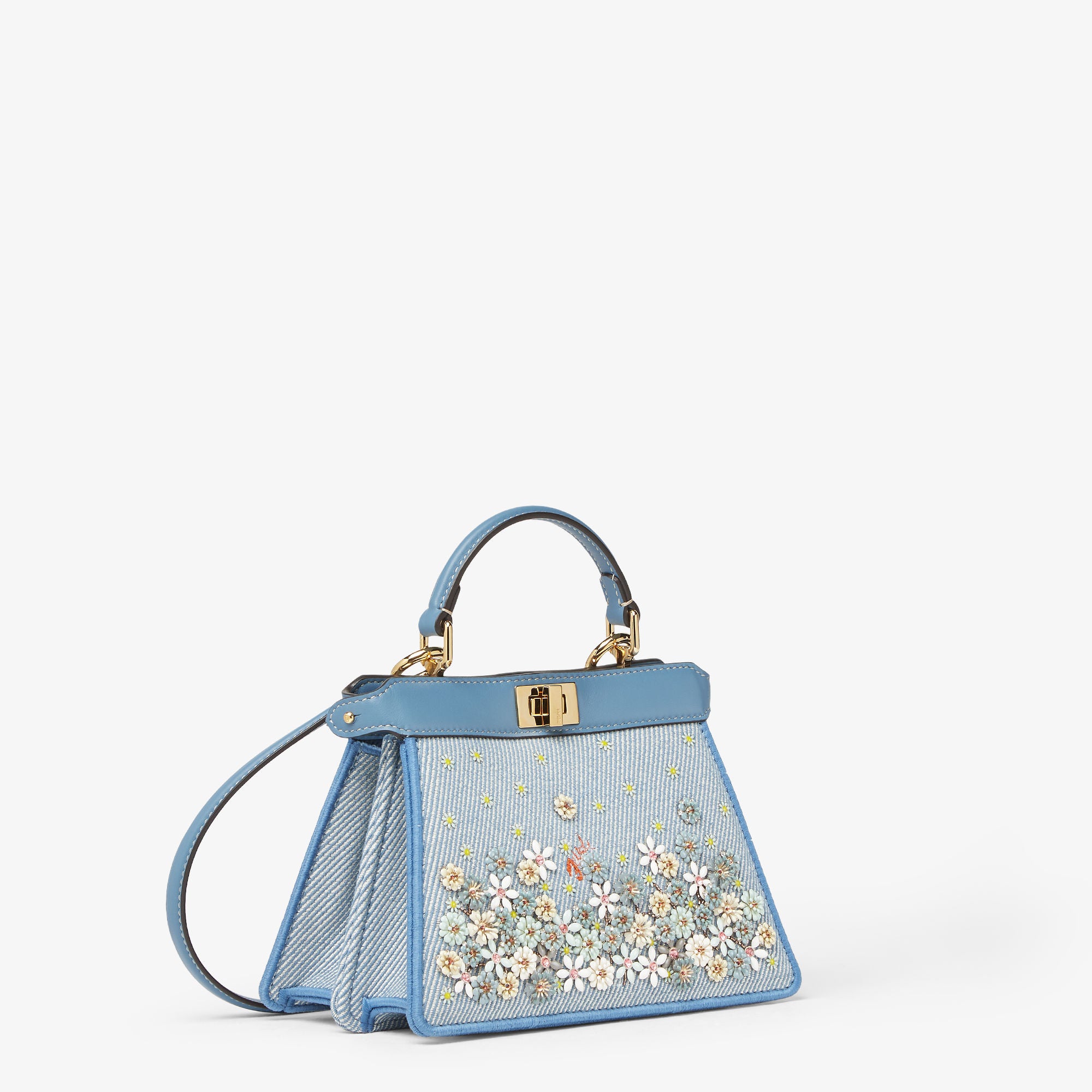 Peekaboo ISeeU Petite Fendi Flower Bouquet blue denim-effect jacquard bag