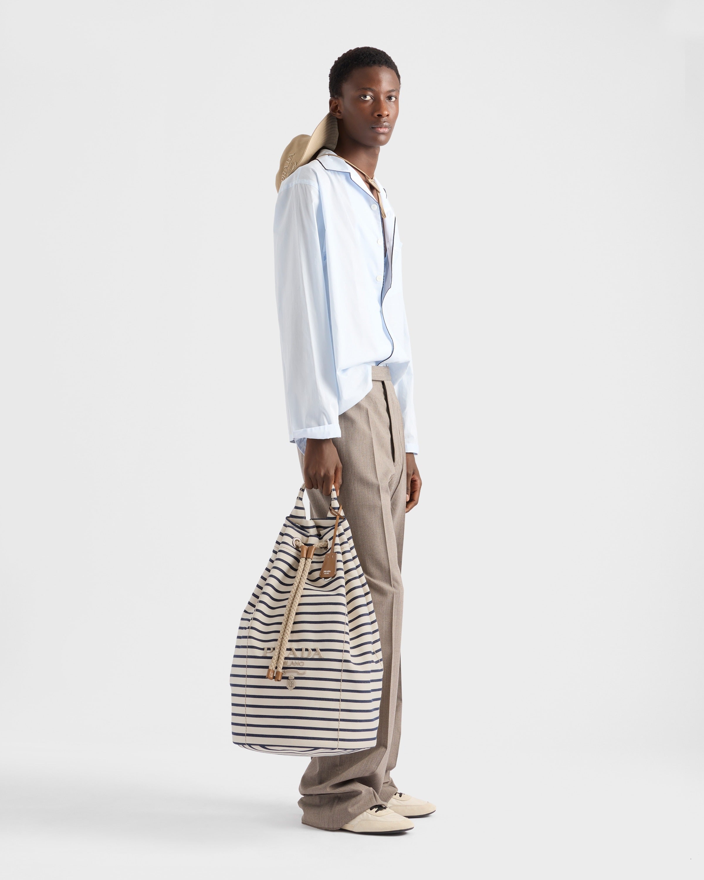 Striped canvas drawstring duffel bag Ivory/Blue