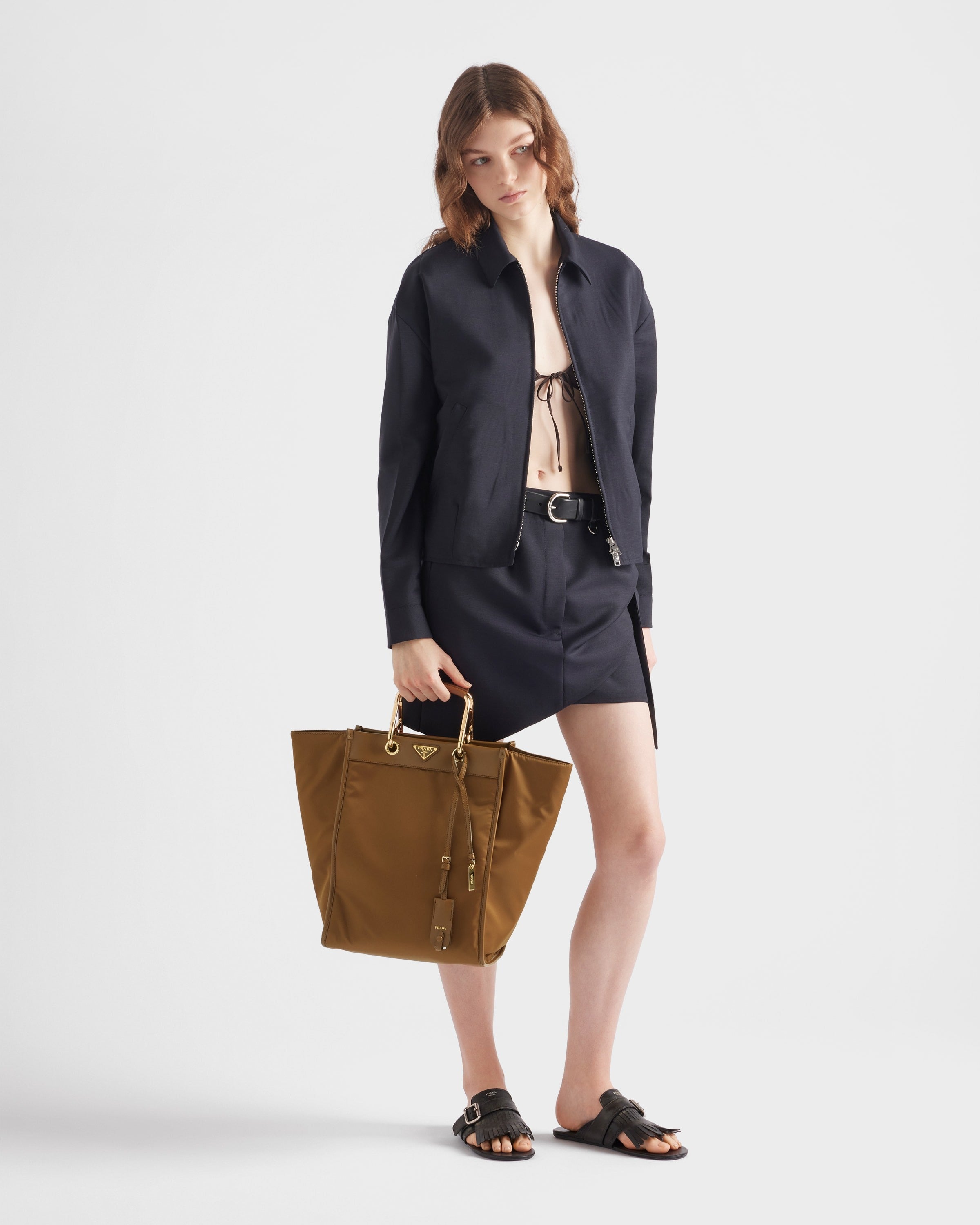 Large Re-Nylon and leather tote bag Brandy