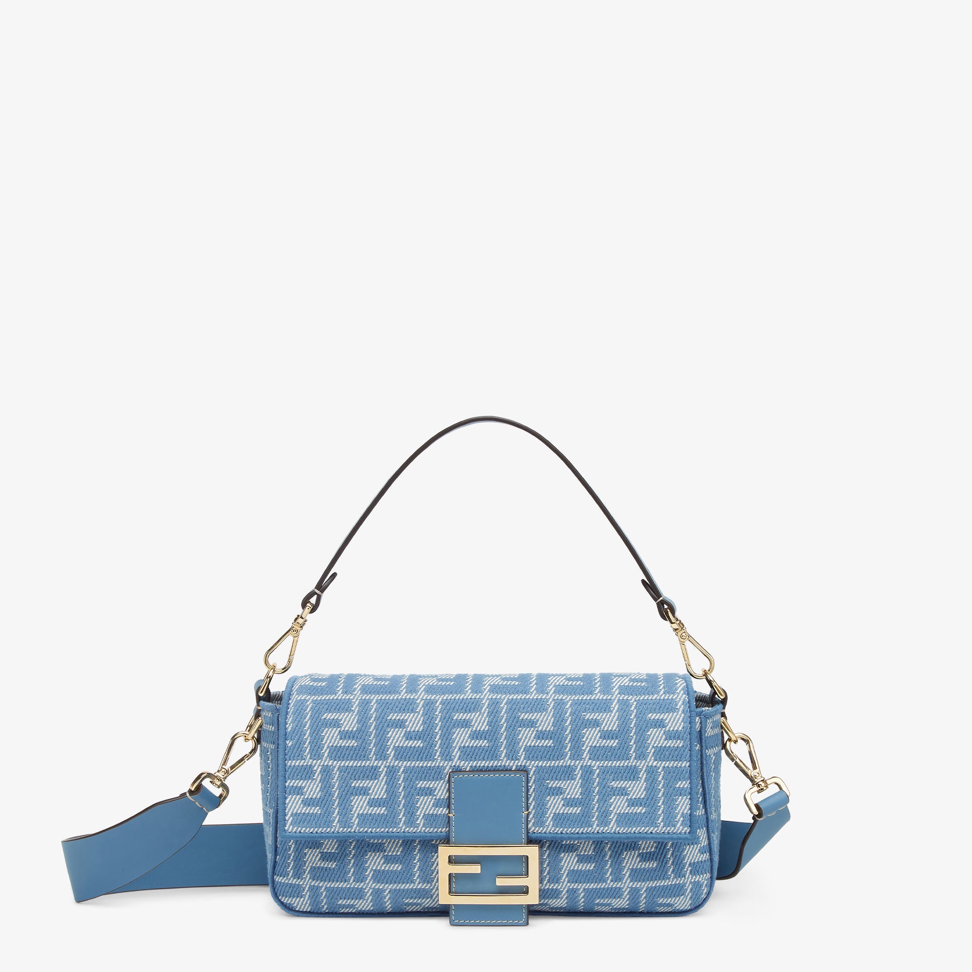 Baguette Blue denim-effect FF jacquard bag