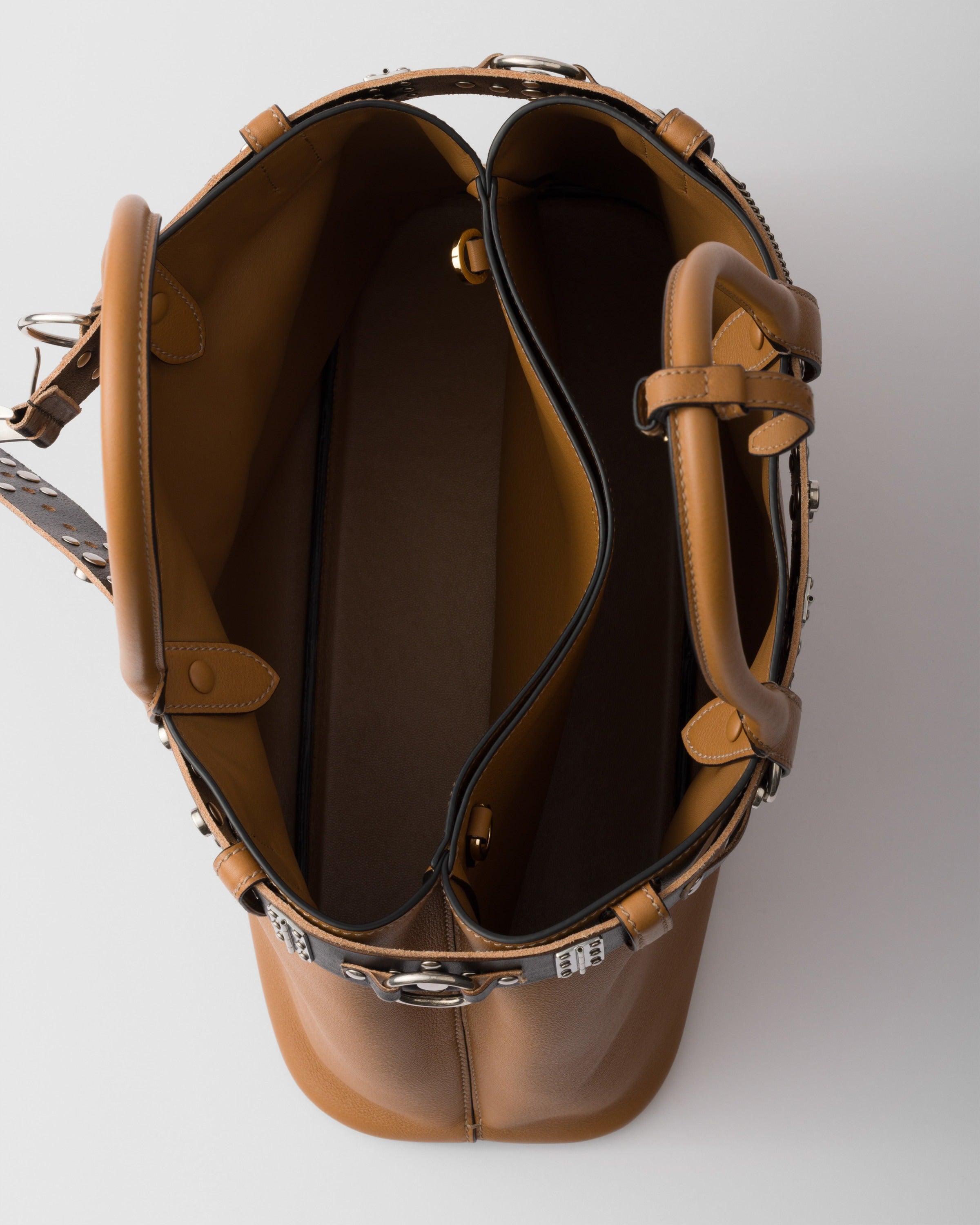Large Prada Buckle leather bag with studded belt Caramel/Black