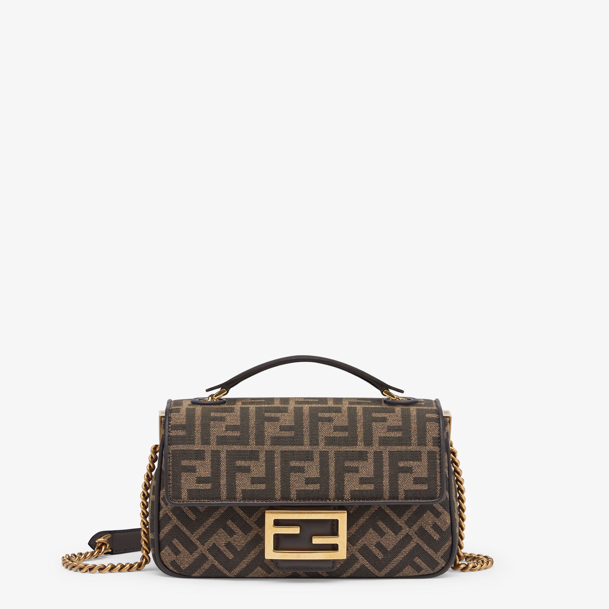 Baguette Chain Midi Brown FF jacquard fabric bag
