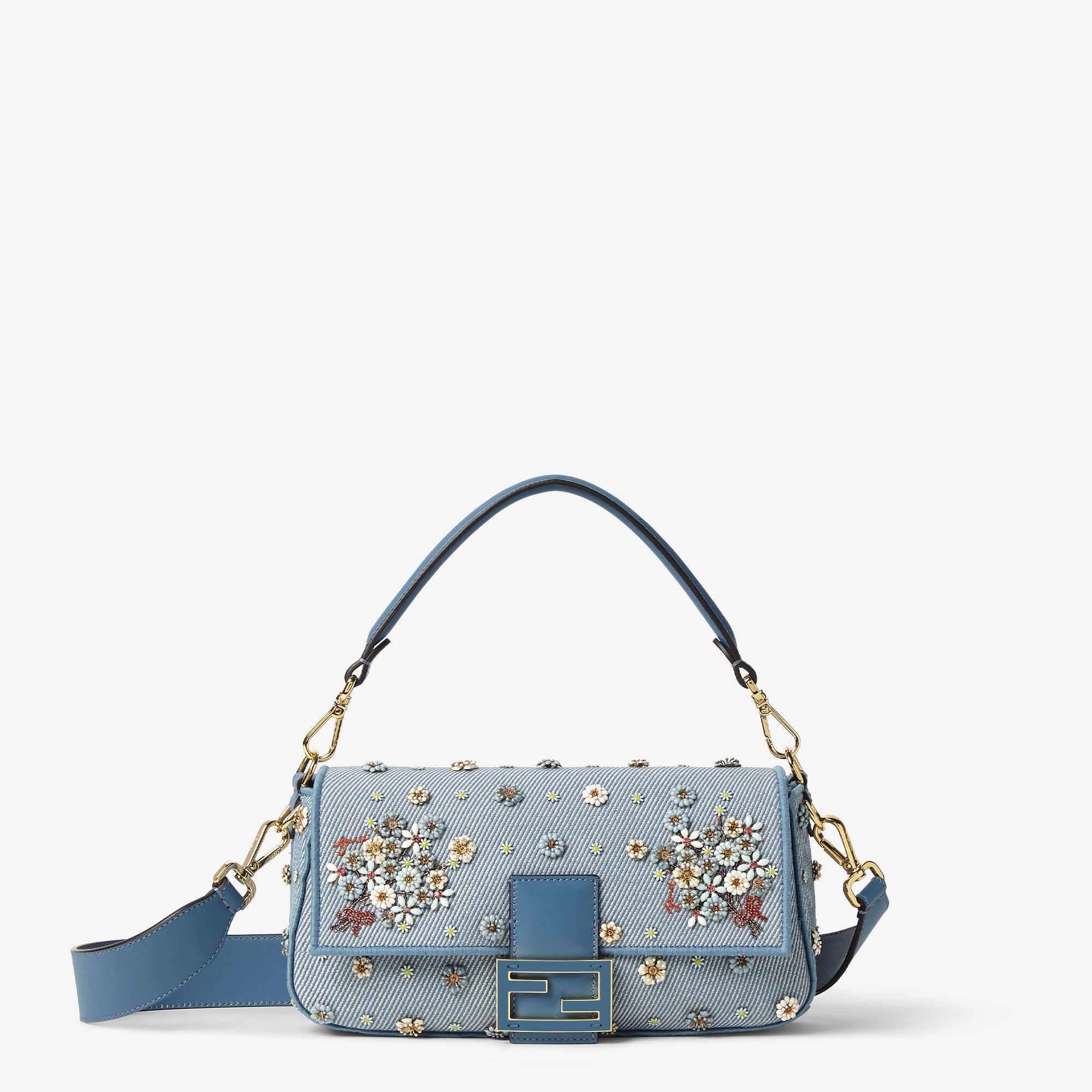 Baguette Fendi Flower Bouquet blue denim-effect jacquard bag