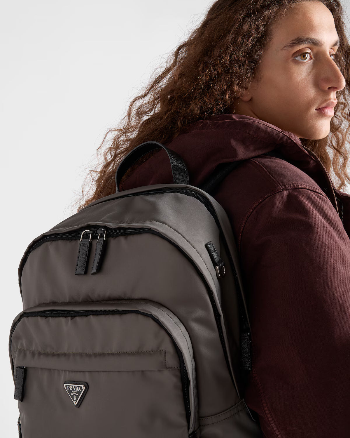 Re-Nylon and Saffiano leather backpack Forest Green