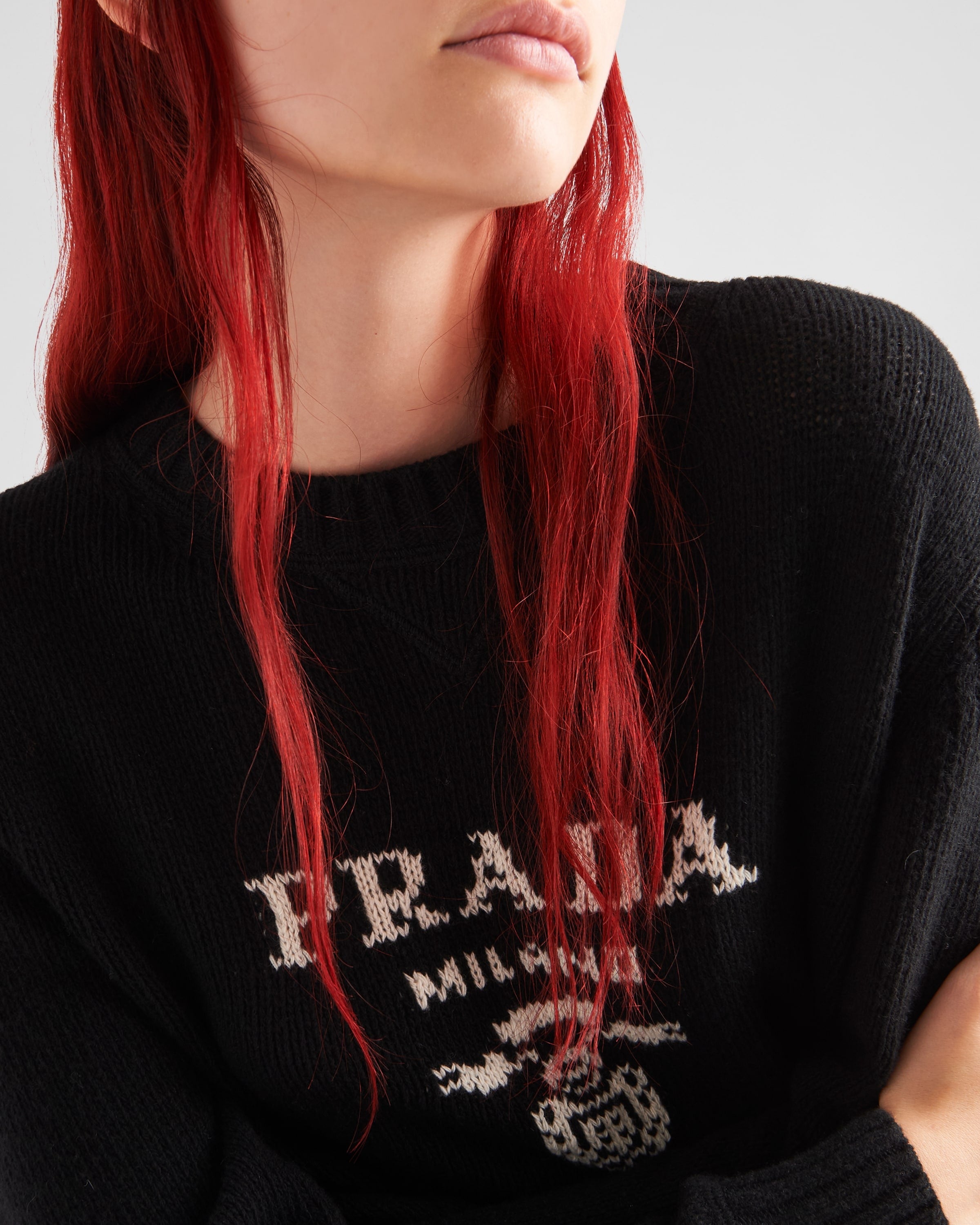 Cashmere and wool Prada logo crew-neck sweater Black