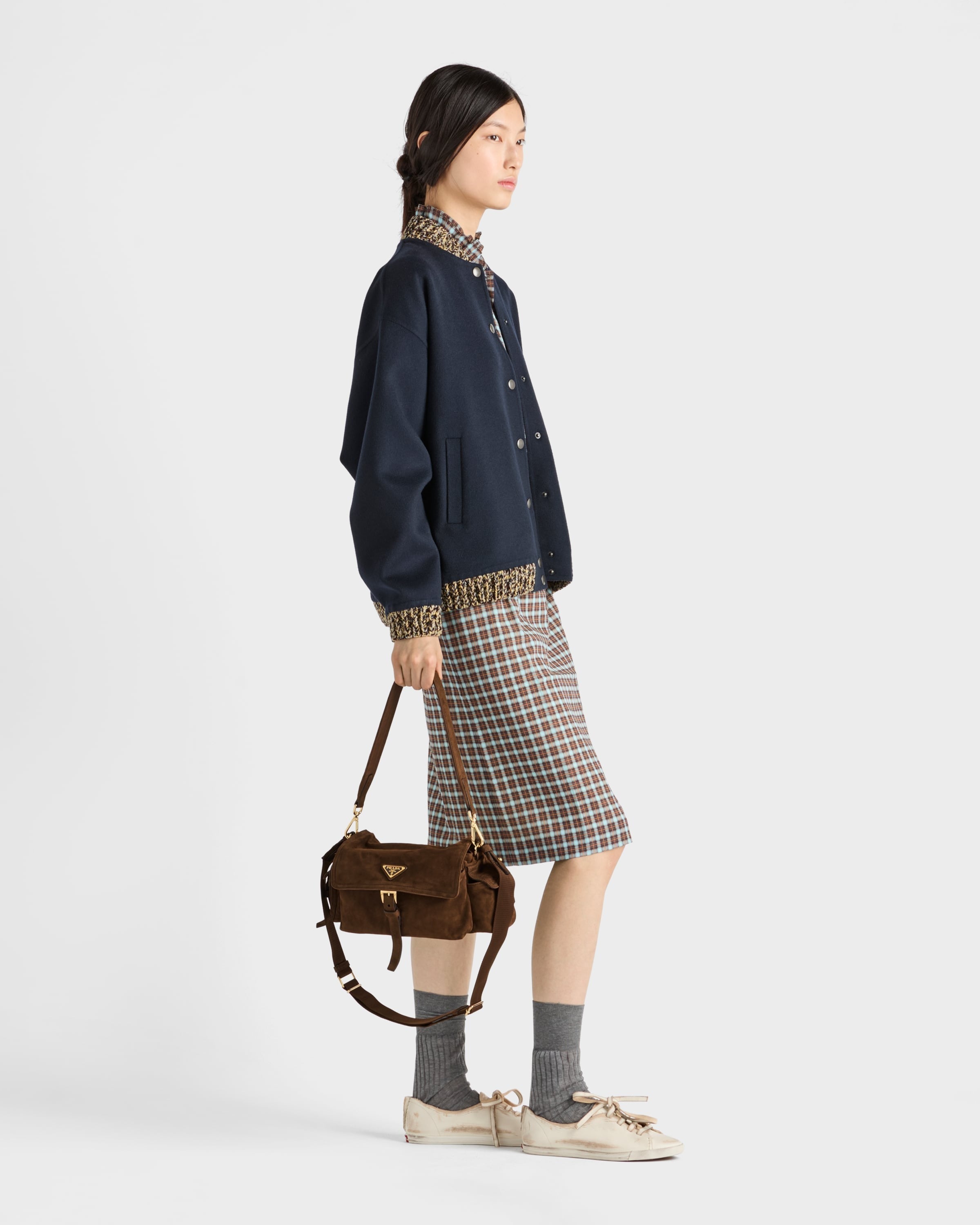 Prada Explore medium suede shoulder bag with flap Cocoa Brown