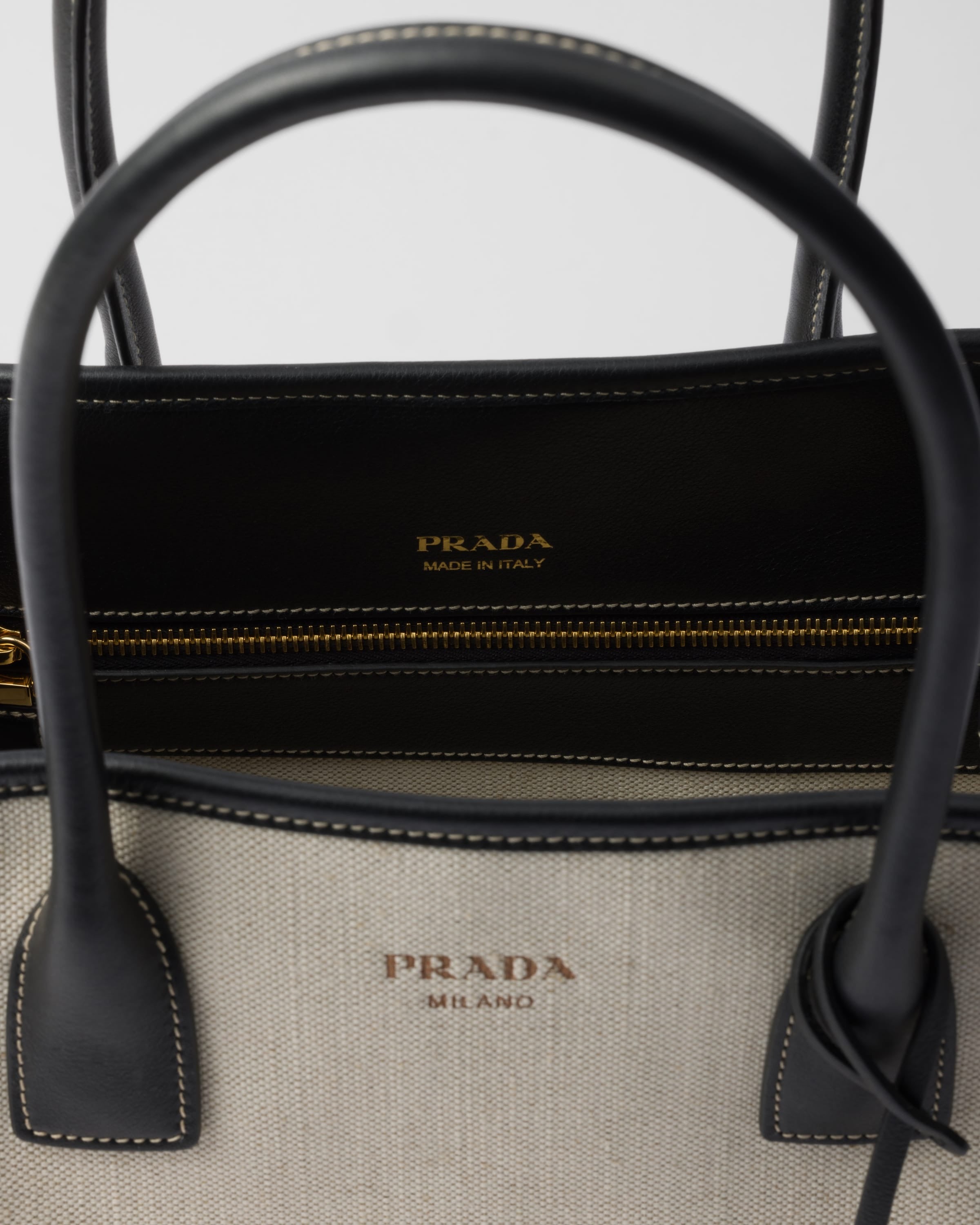 Medium linen blend and leather tote bag Tan/Black