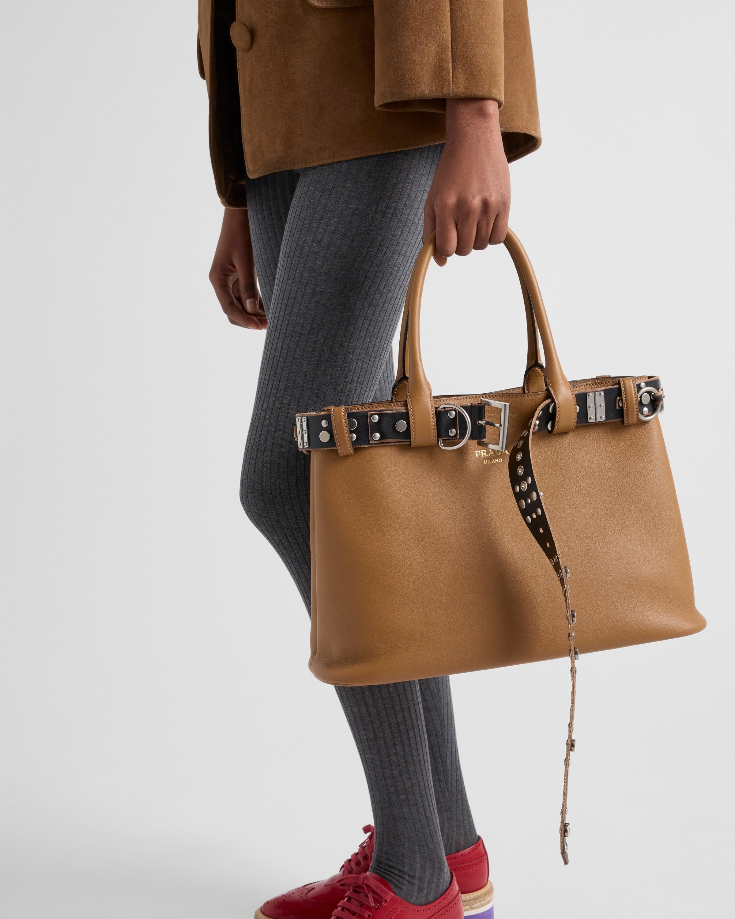 Large Prada Buckle leather bag with studded belt Caramel/Black
