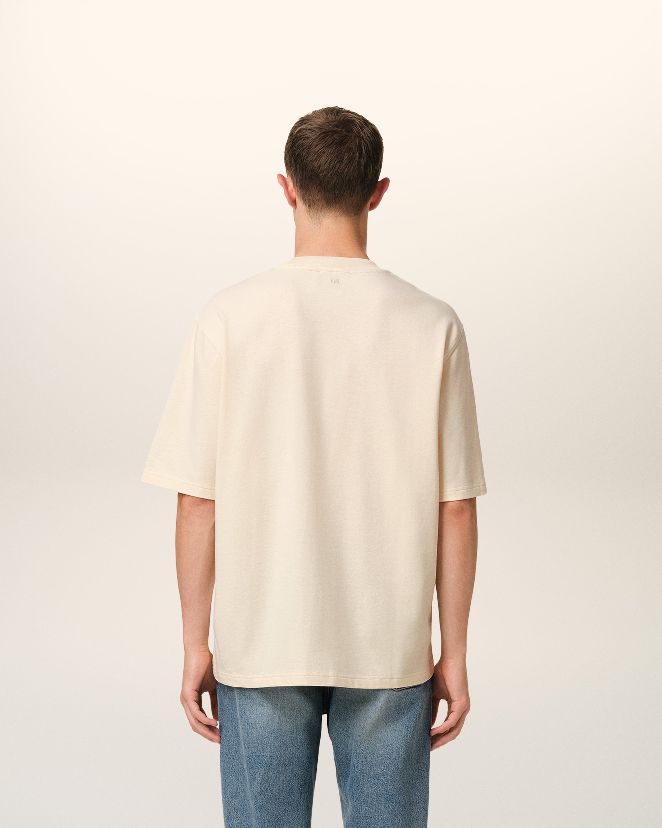 BEIGE COTTON AMI DE COEUR PATCH T-SHIRT WHITE CREAM