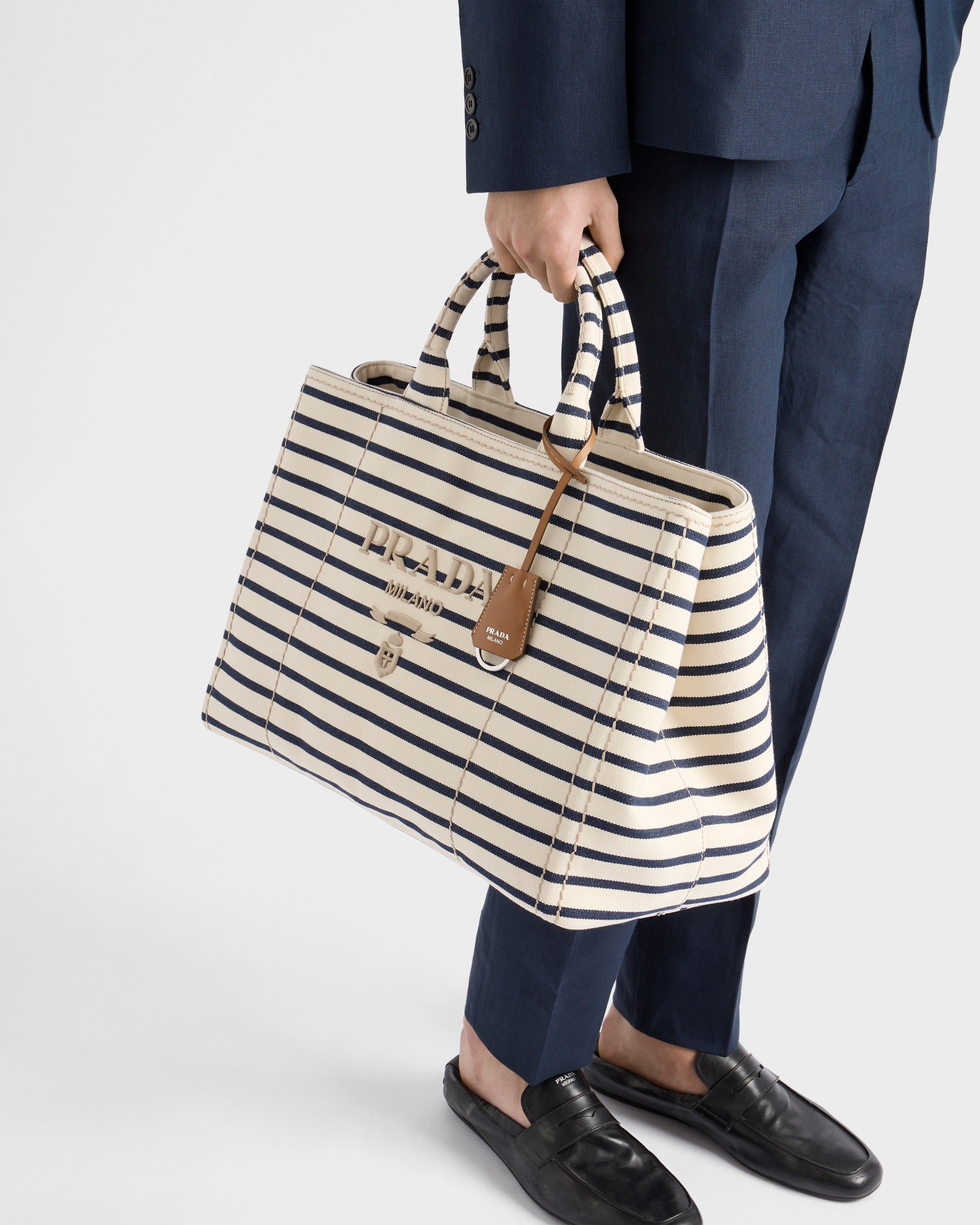 Striped canvas tote bag Ivory/Blue