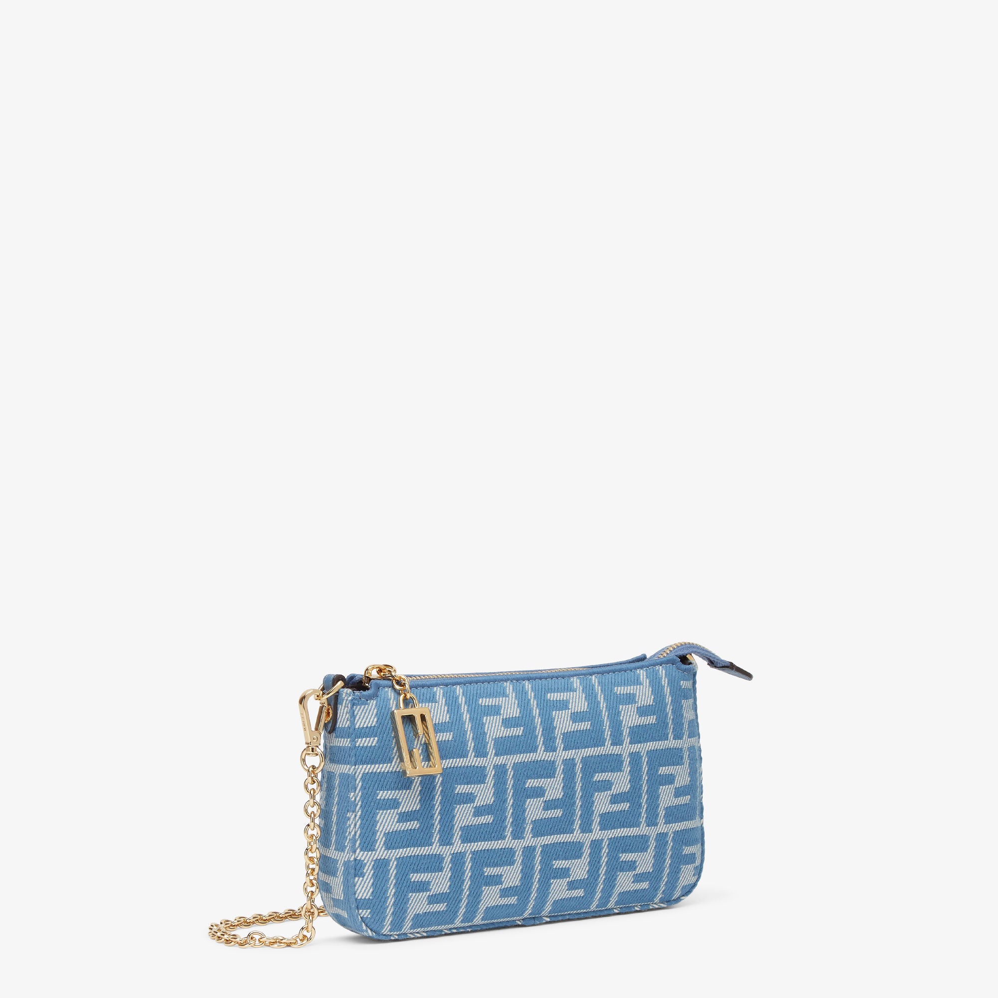 Baguette Pouch Blue denim-effect FF jacquard charm pouch with chain