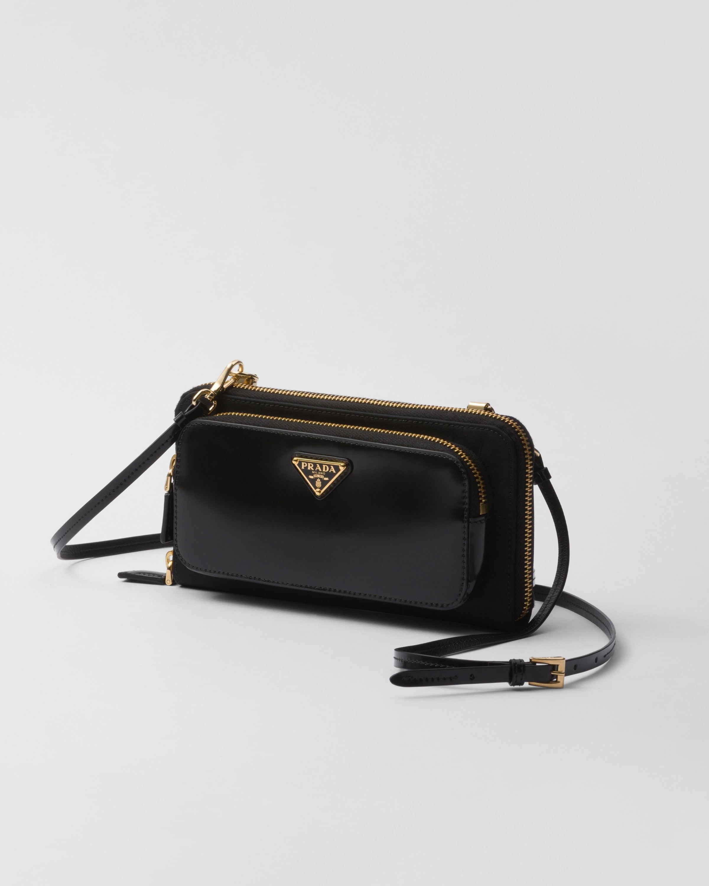 Re-Nylon and brushed leather wallet with shoulder strap Black