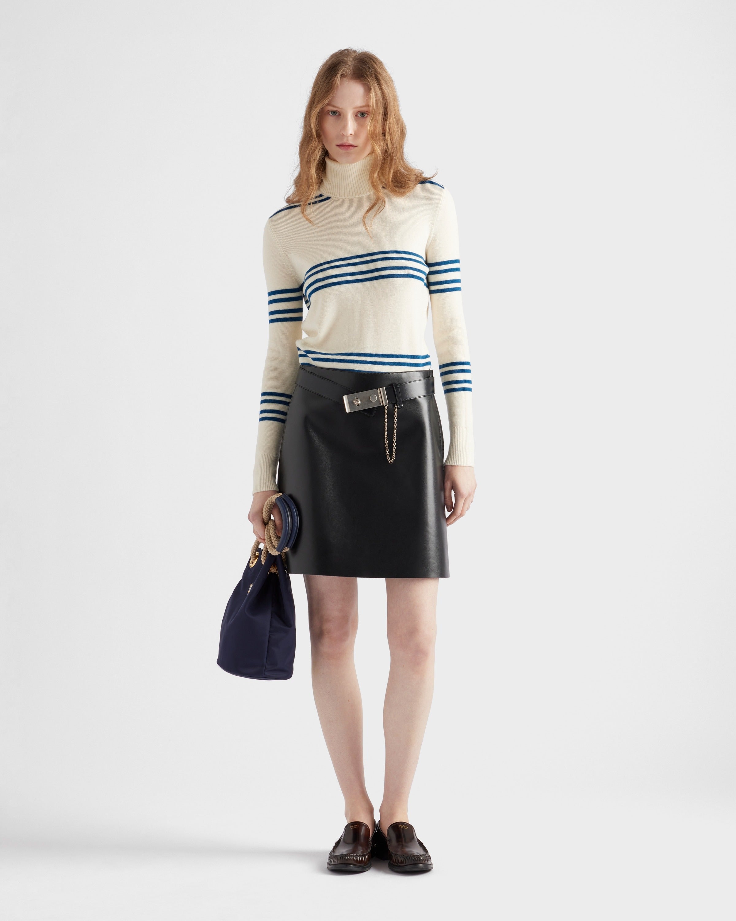 Striped wool turtleneck sweater Natural/Teal