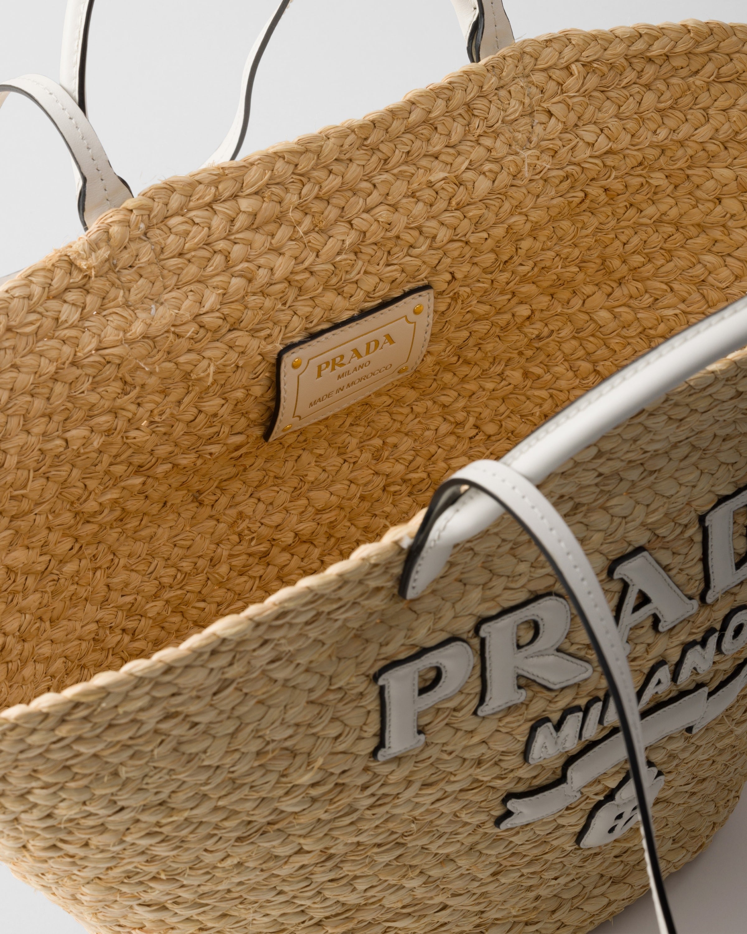 Large raffia and leather shopping bag Tan/White