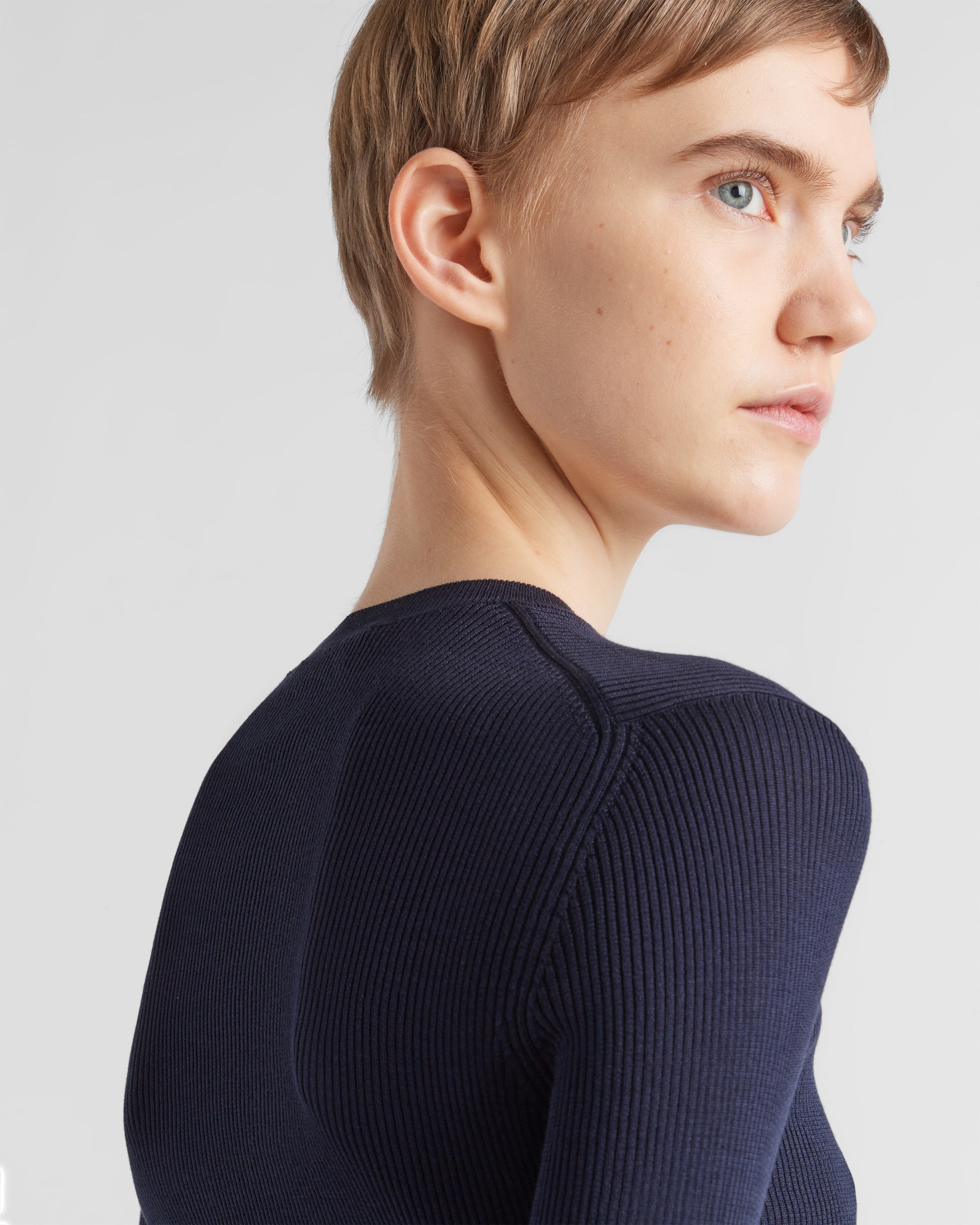 Cropped silk sweater with logo Navy