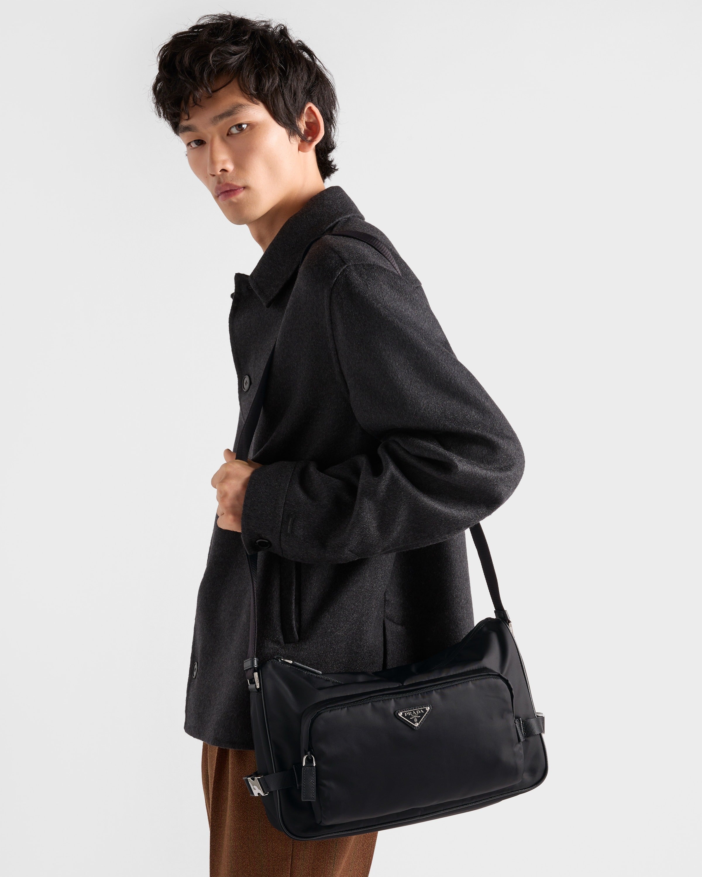 Large Re-Nylon and Saffiano leather shoulder bag Black