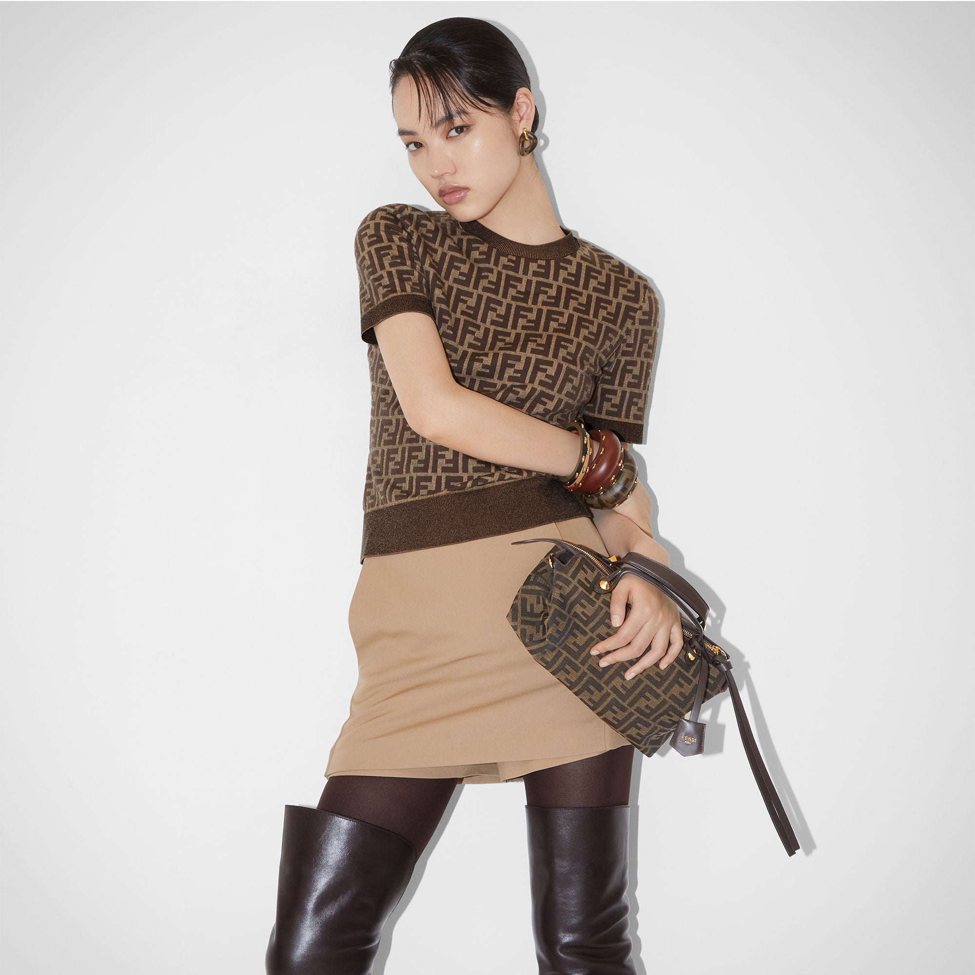 By The Way Soft Medium Brown FF jacquard fabric bag