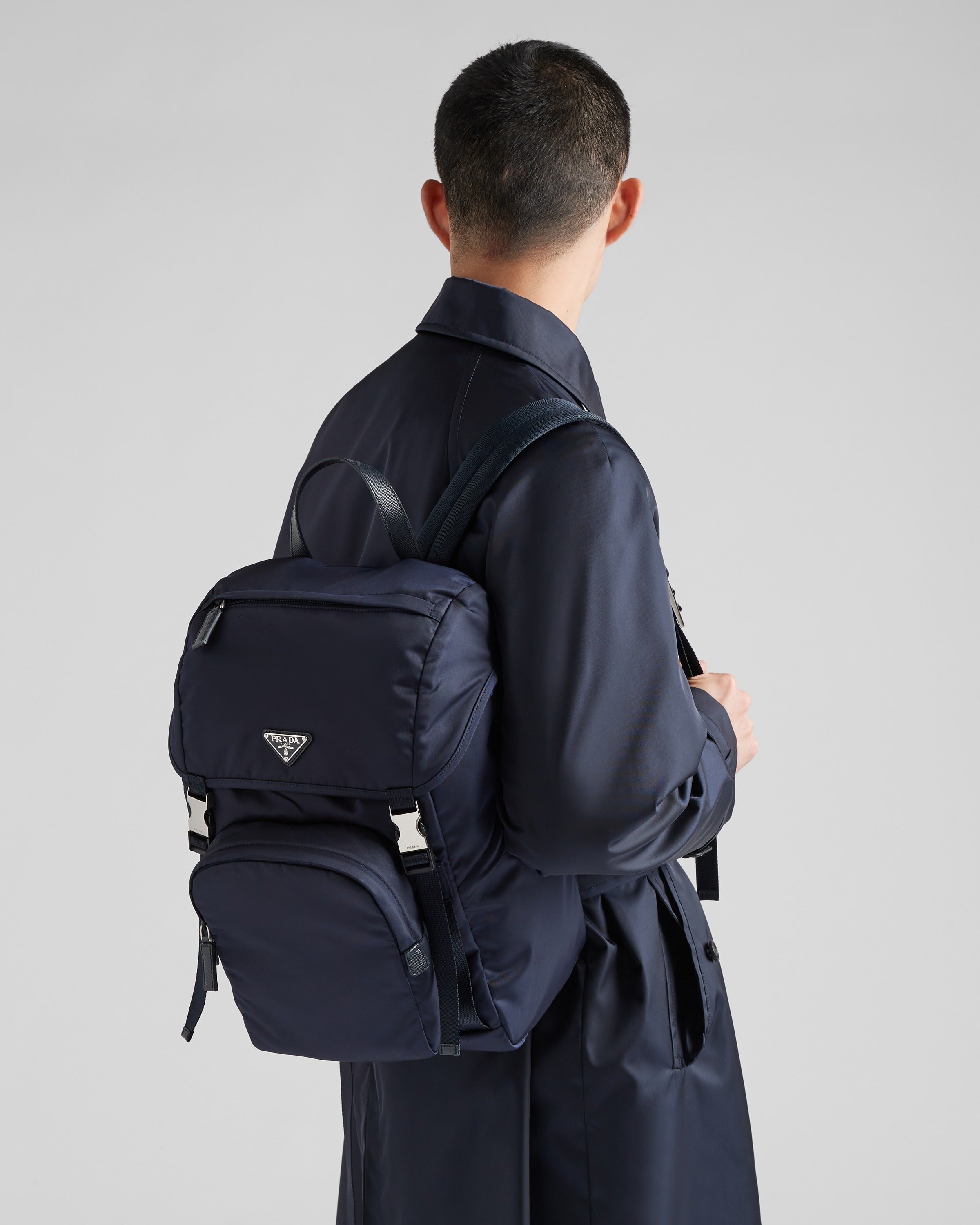 Re-Nylon and Saffiano leather backpack Navy