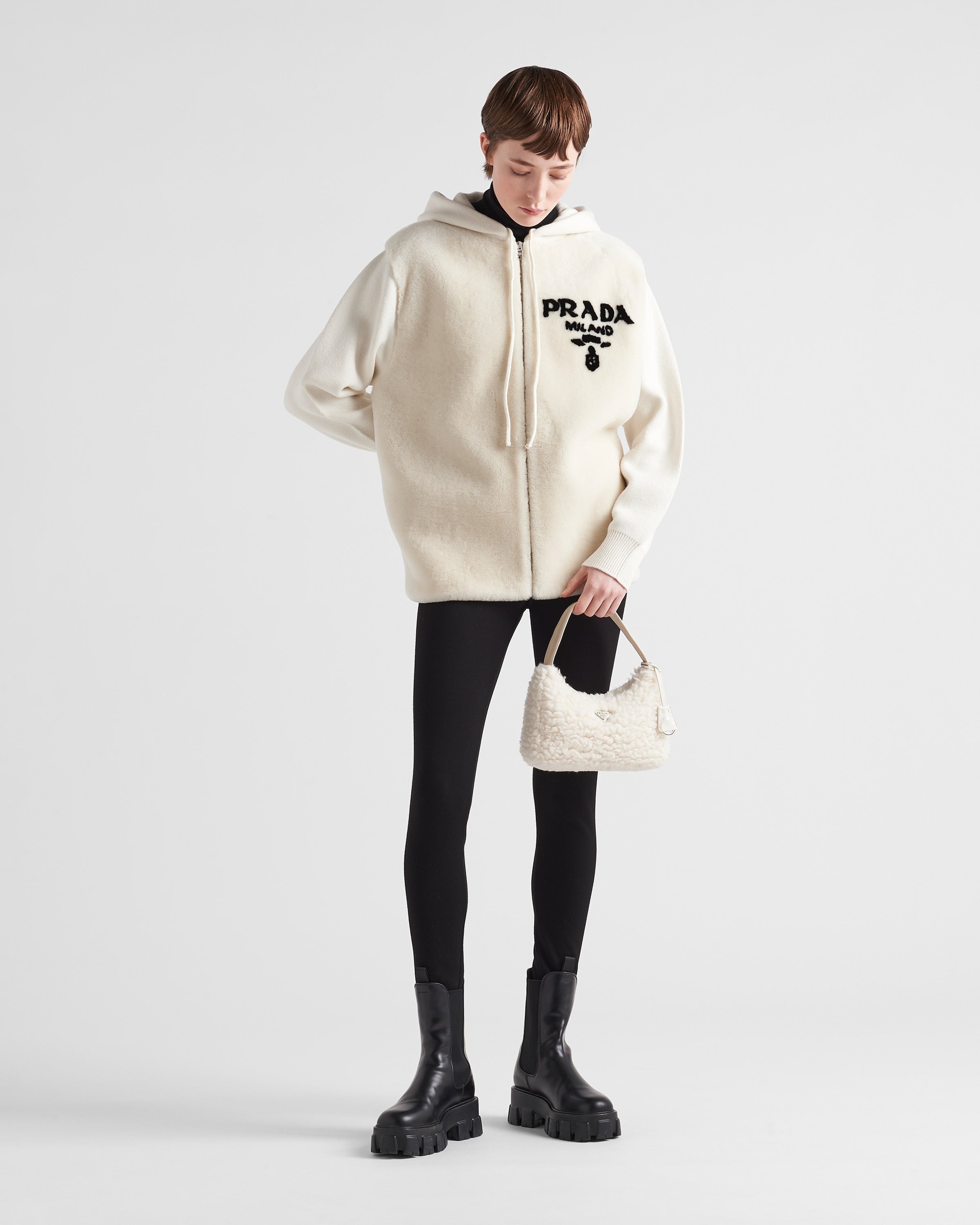 Oversized cashmere and shearling sweatshirt Chalk White