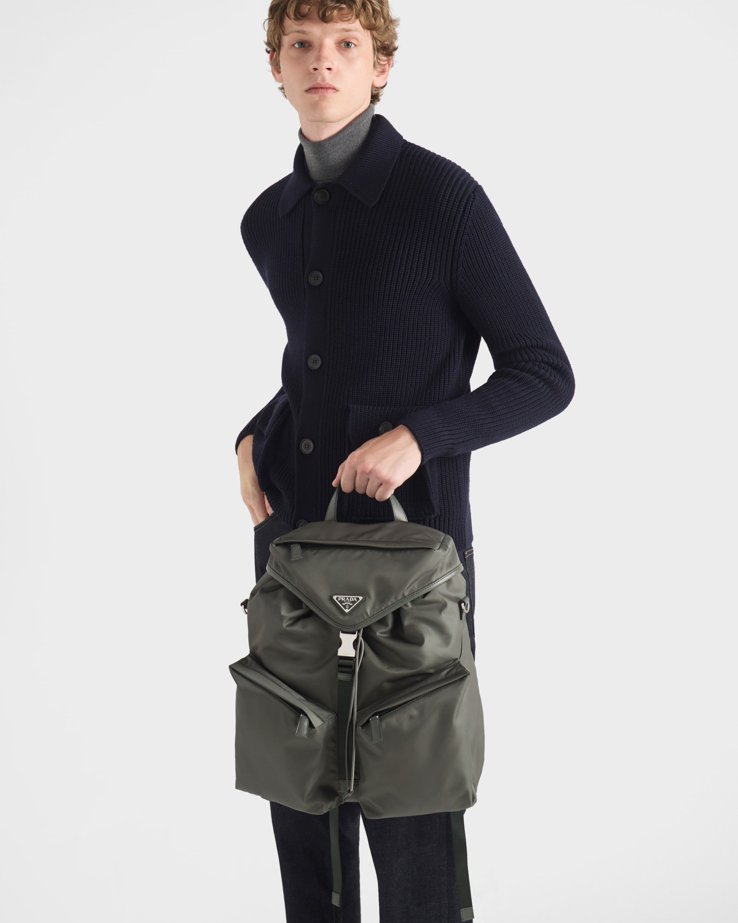 Re-Nylon and leather backpack Forest Green