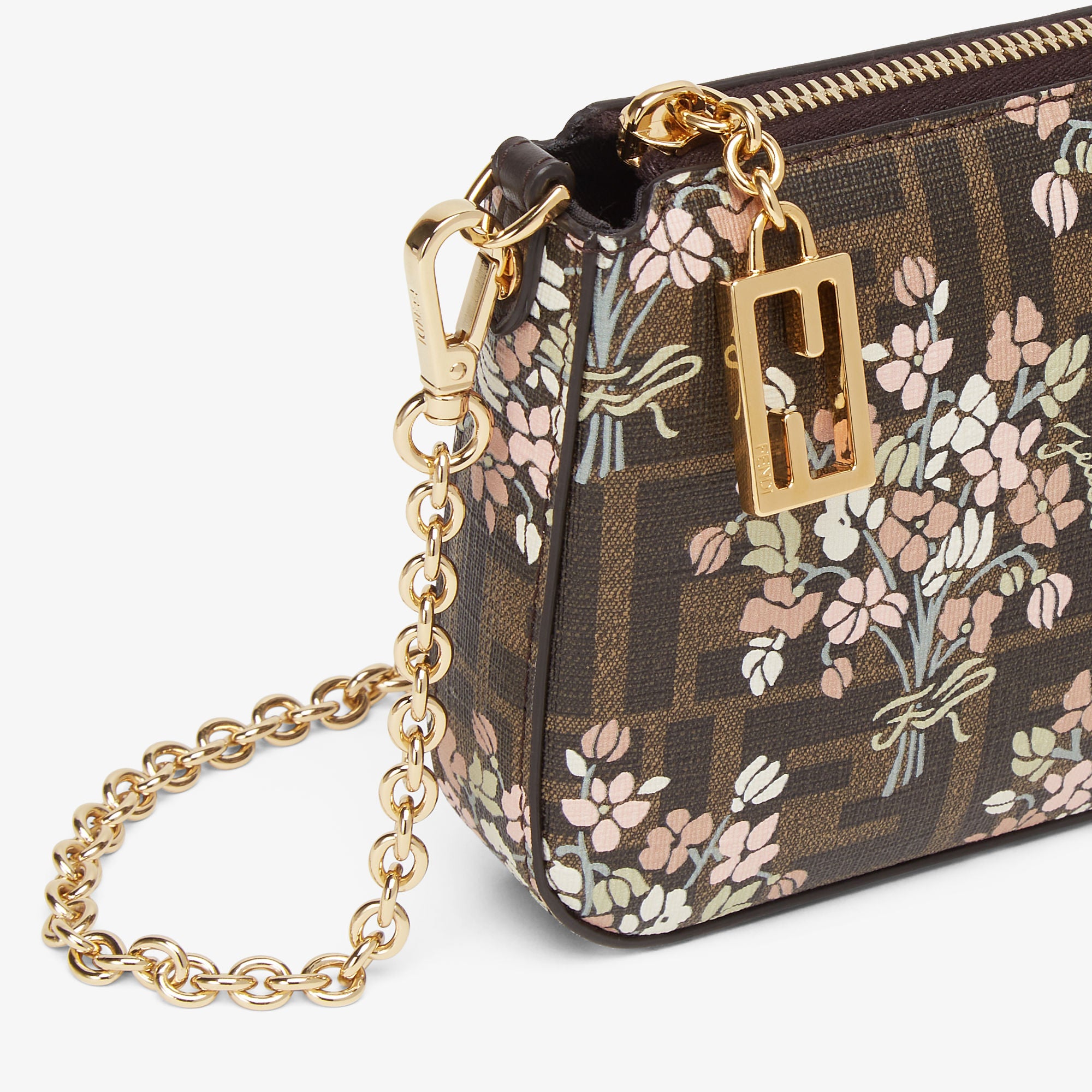 Baguette Pouch Fendi Flower Bouquet brown FF fabric pouch with chain