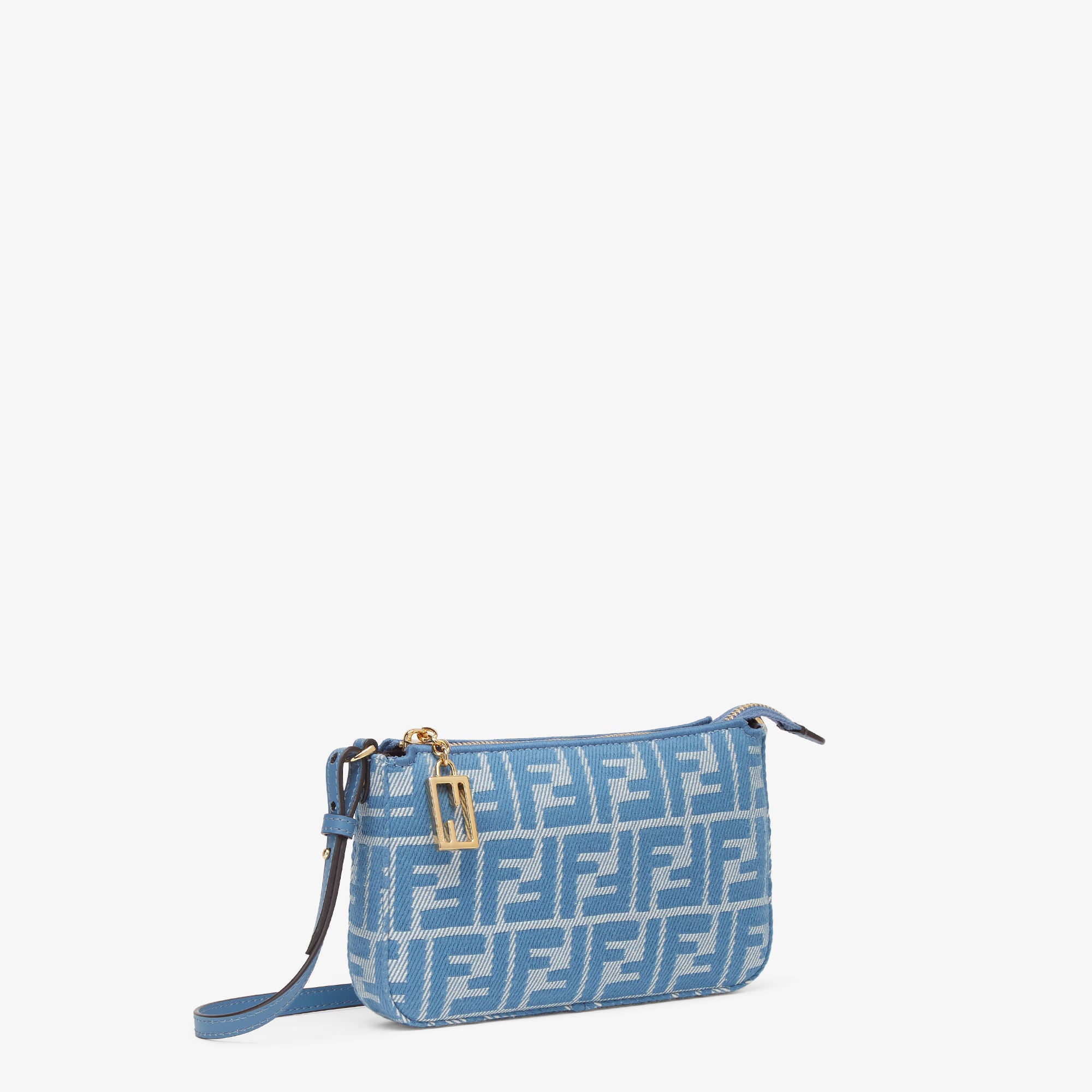 Baguette Pouch Blue denim-effect FF jacquard charm pouch with chain