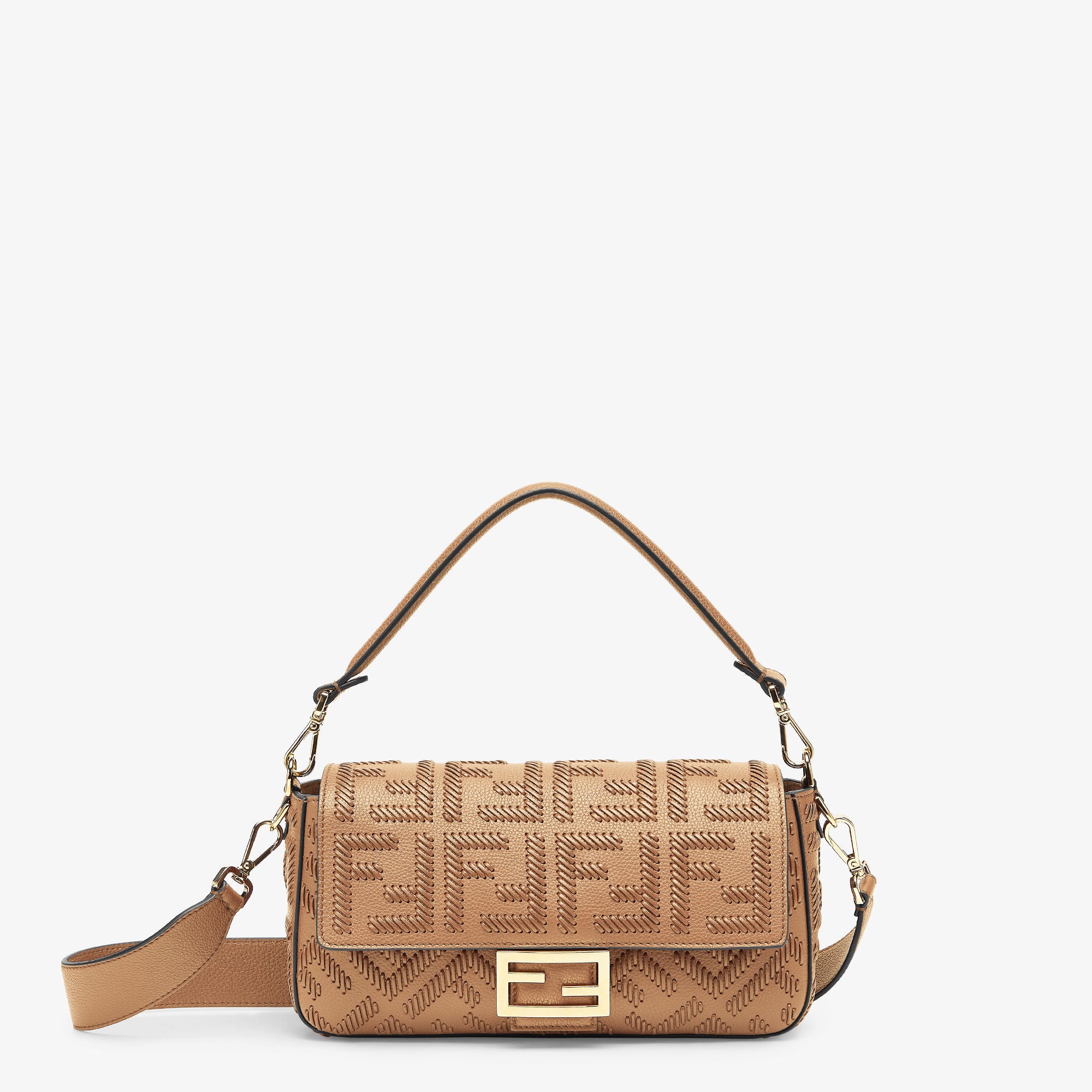 Baguette Cappuccino-colored leather bag with FF interlacing