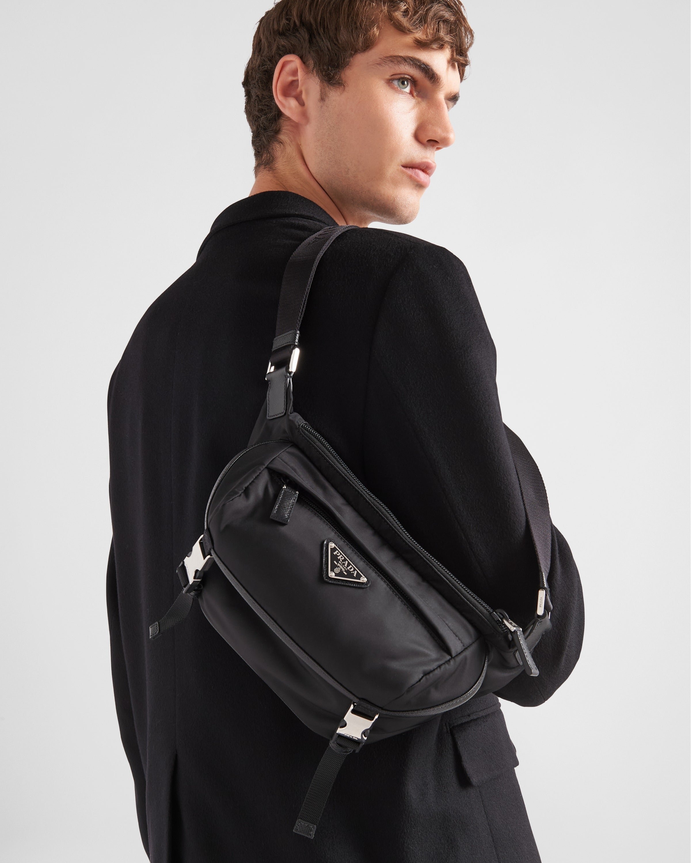 Re-Nylon and Saffiano leather shoulder bag Black