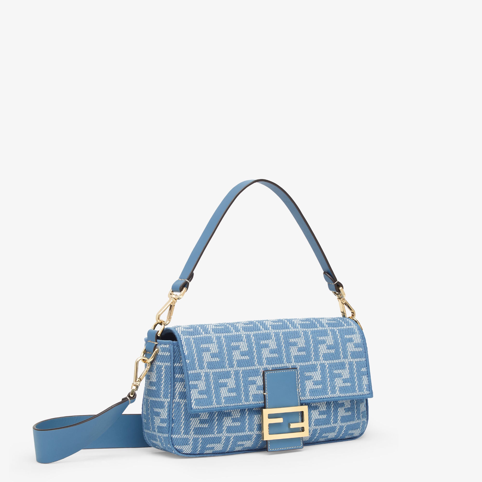 Baguette Blue denim-effect FF jacquard bag