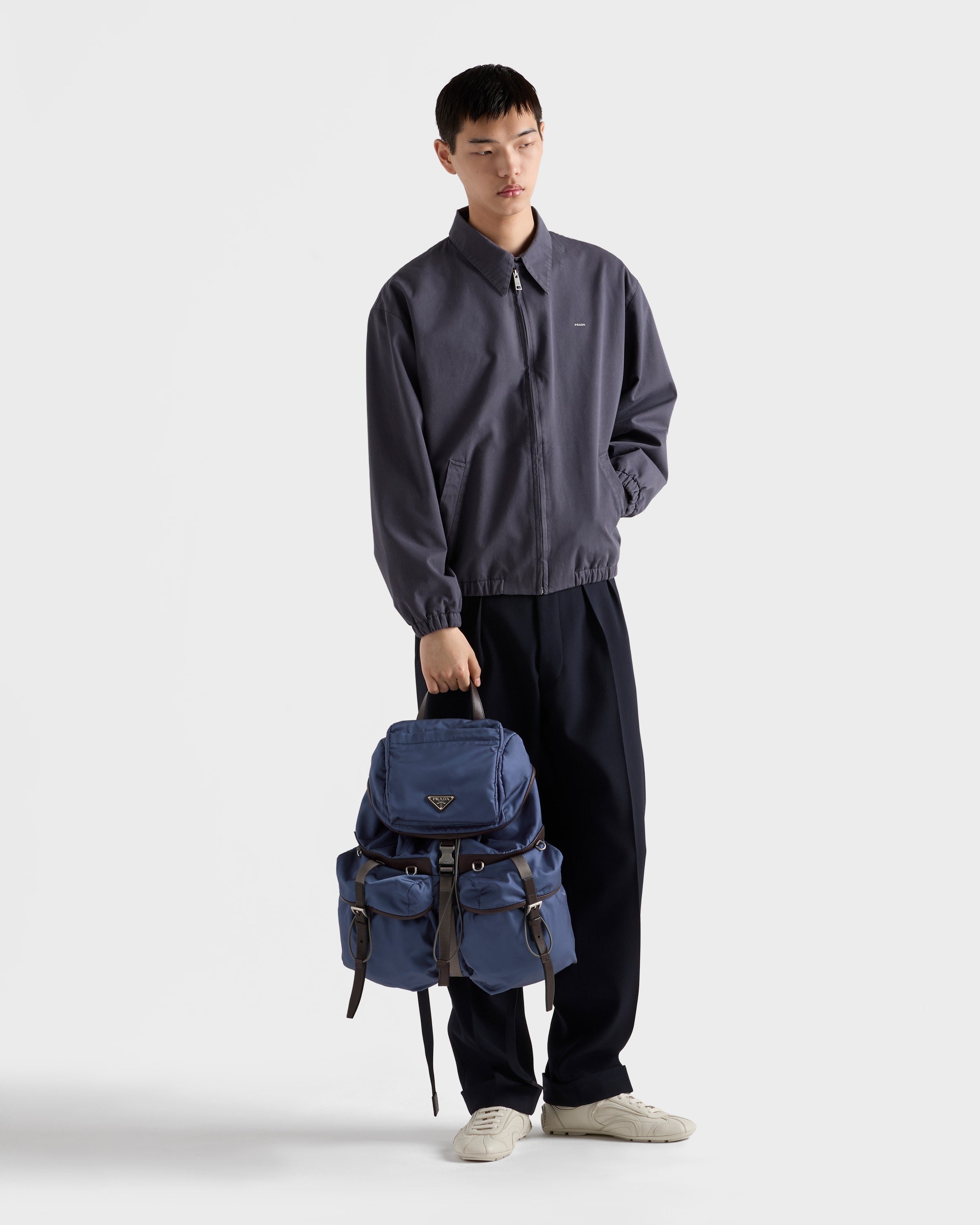 Re-Nylon and leather backpack Aviation Blue