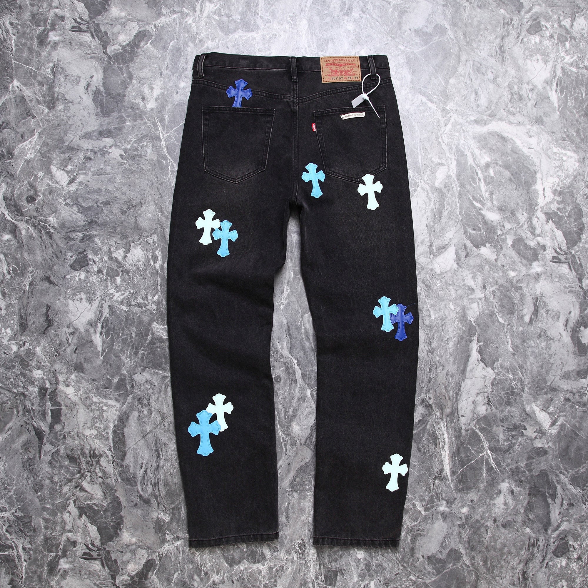 Chrome Hearts Blue Cross Leather Patchwork Black Jeans